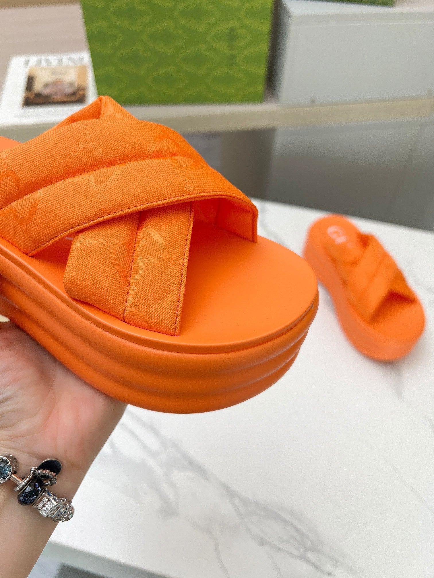 GG waterproof platform slippers orange fabric