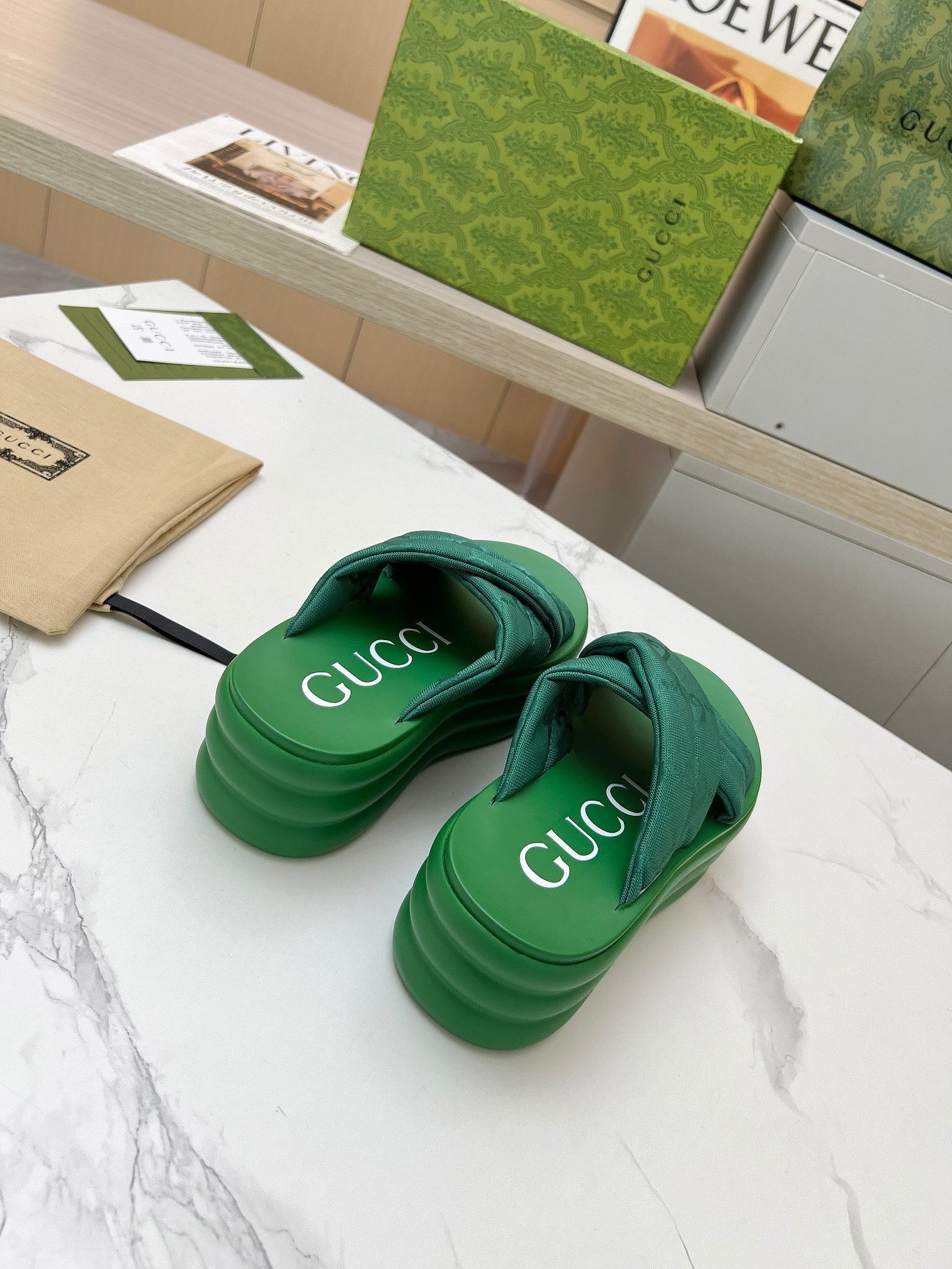 GG waterproof platform slippers green fabric