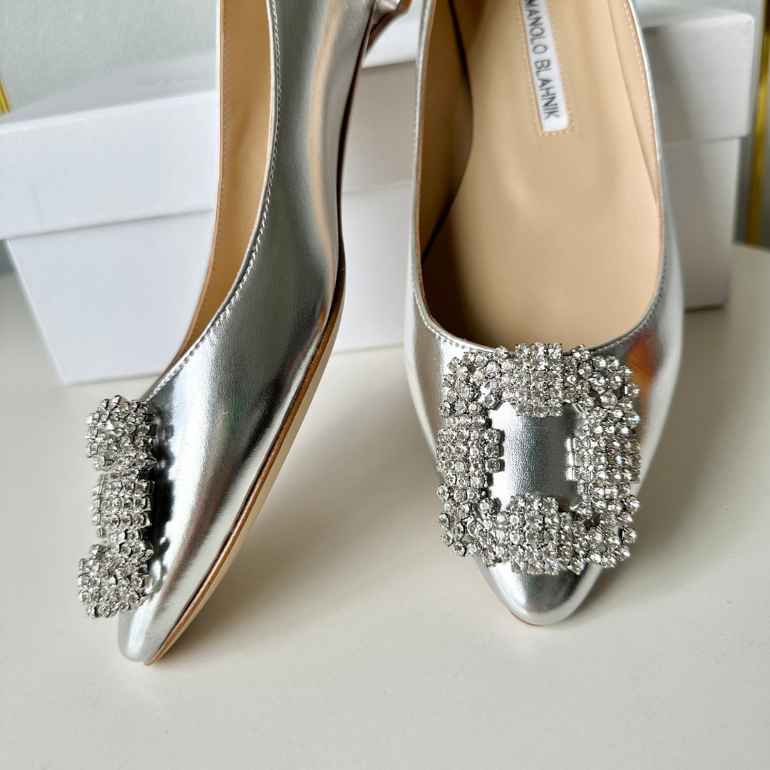 Manolo Diamond Buckle Pumps Silver Mirror Cowhide 451180