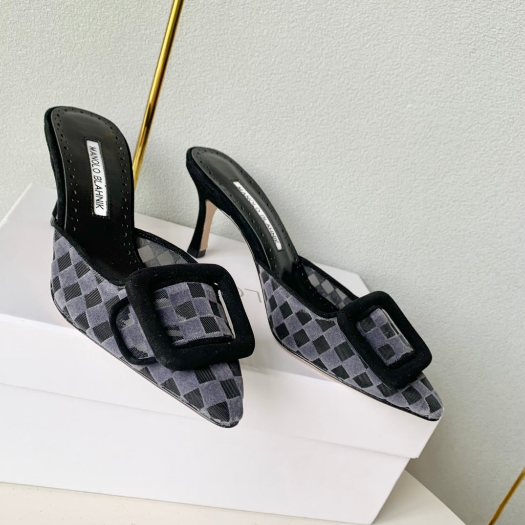 Manolo Mules Latest Checkerboard Grey Fabric Leather 528009
