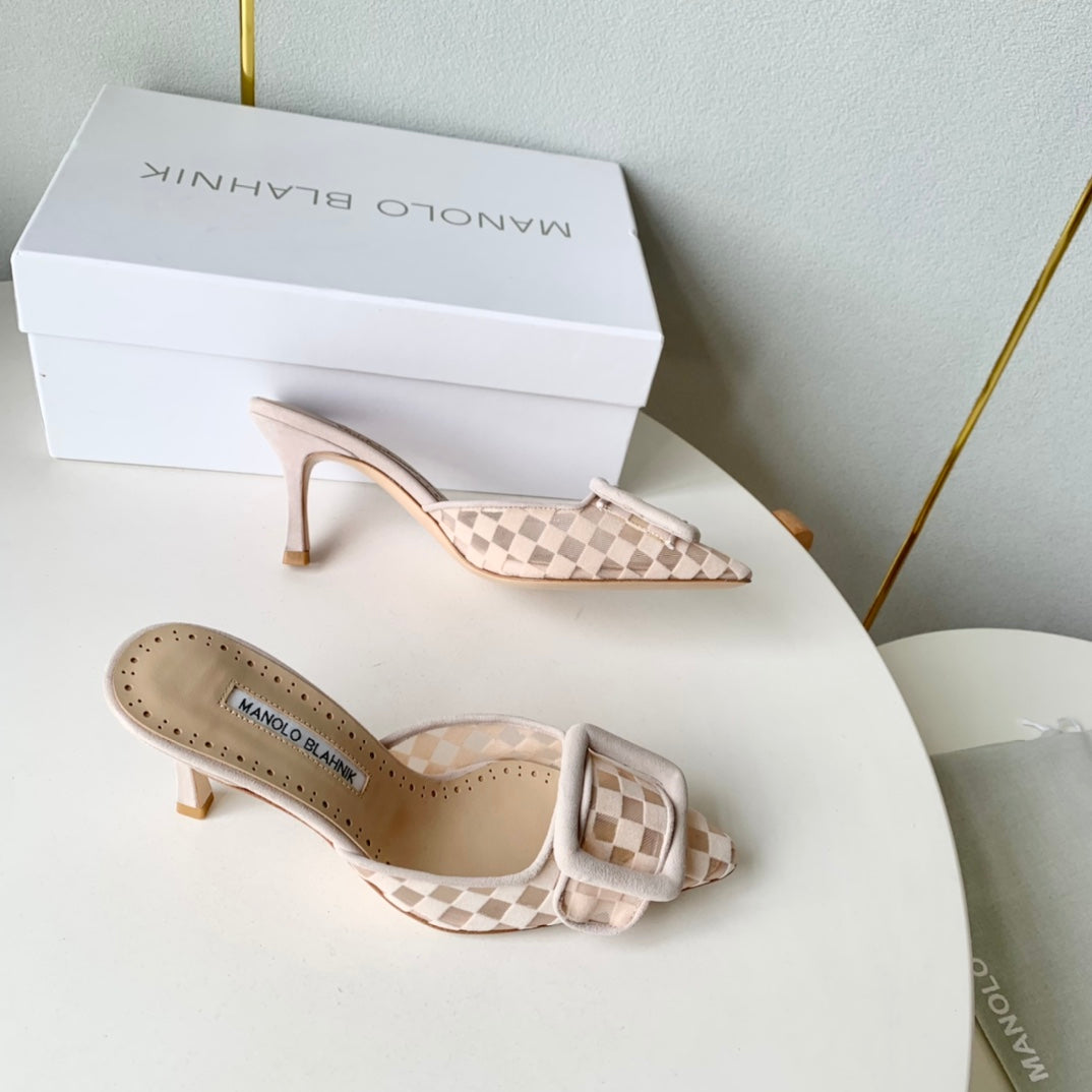 Manolo Mules Latest Checkerboard Beige Fabric Leather 528011