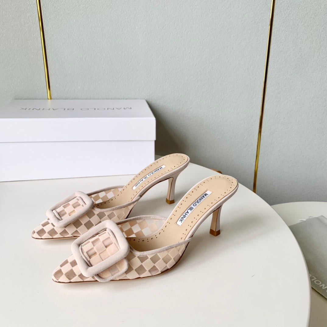 Manolo Mules Latest Checkerboard Beige Fabric Leather 528011