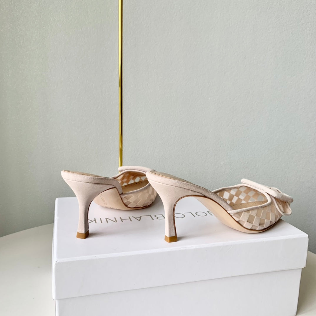Manolo Mules Latest Checkerboard Beige Fabric Leather 528011