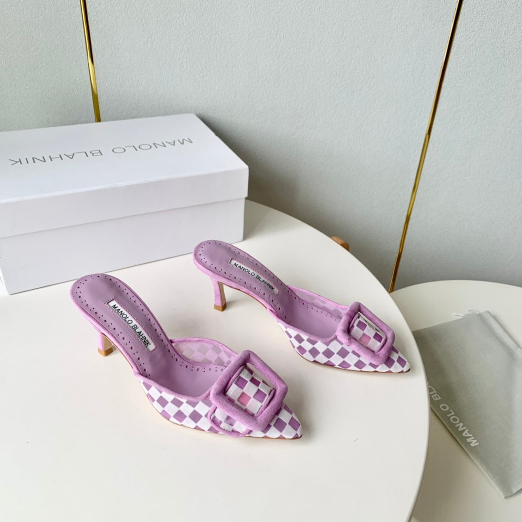 Manolo Mules 7cm Purple Fabric Leather  528012