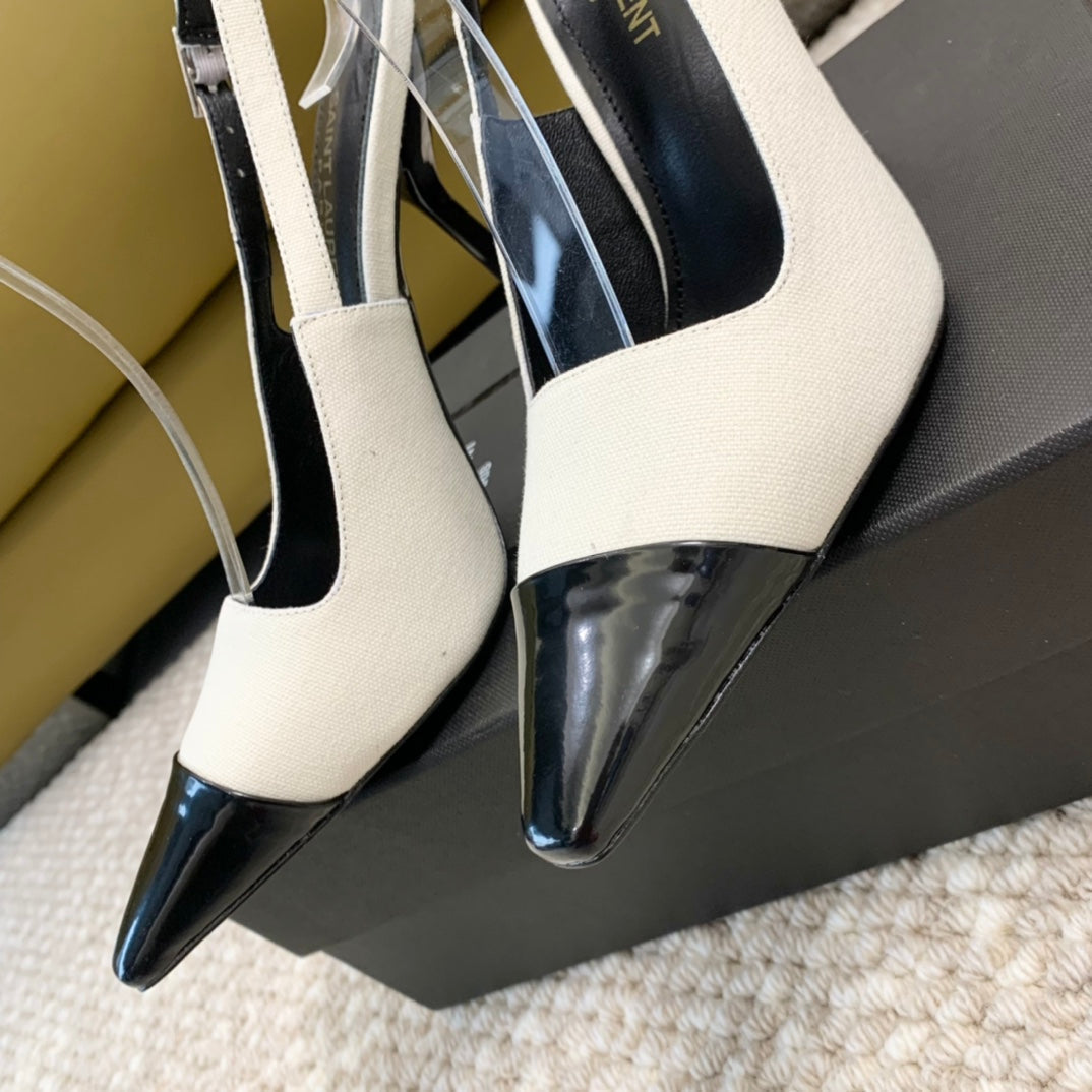 SL CAP-TOE SLINGBACKS WHITE CANVAS AND BLACK CALFSKIN
