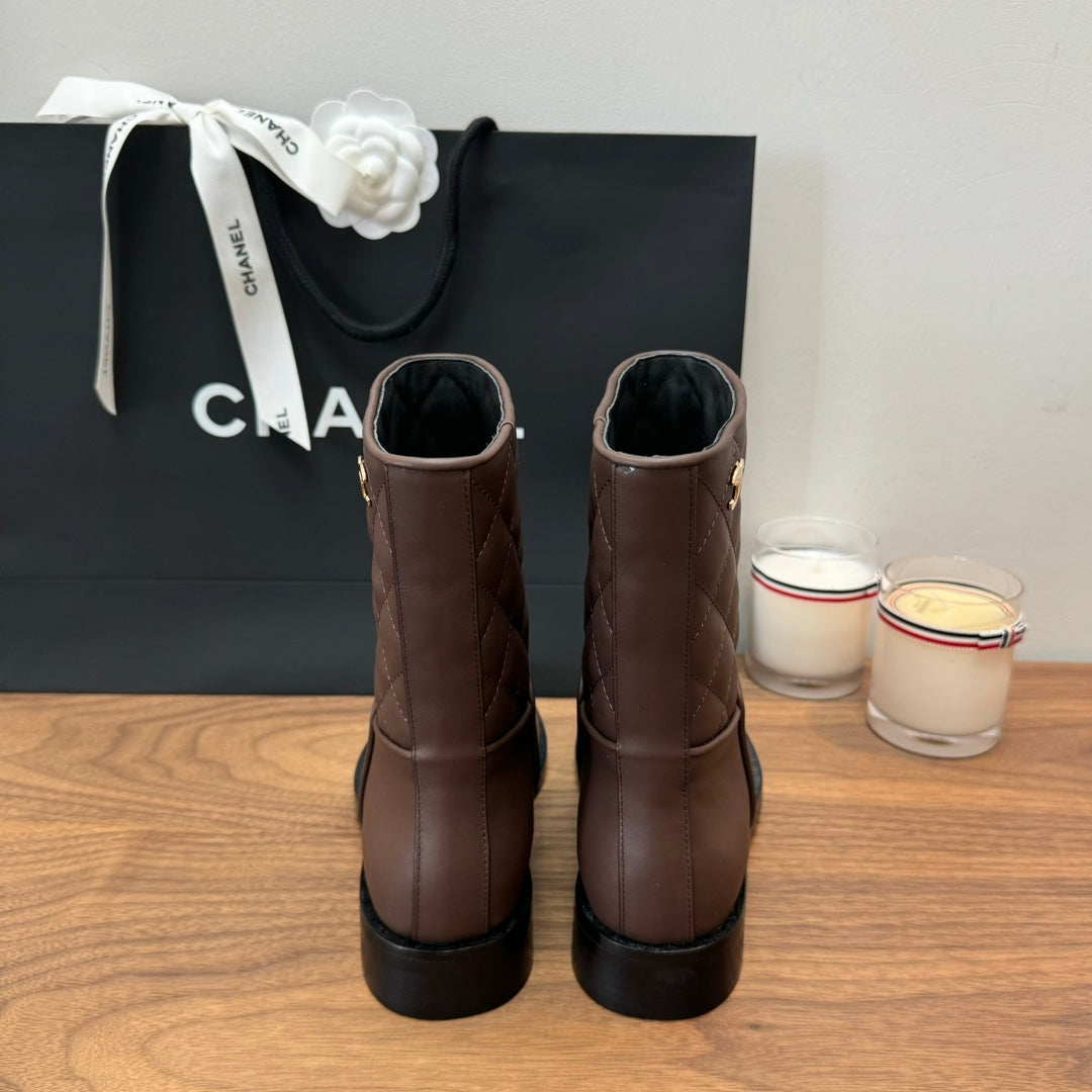 CC Short Boots Earth Brown Quilted Calfskin