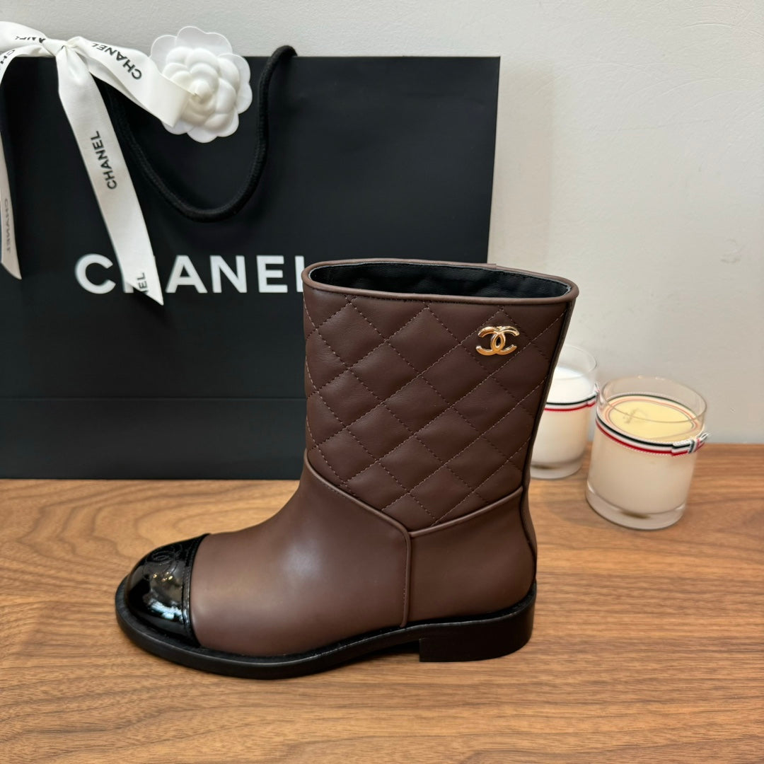 CC Short Boots Earth Brown Quilted Calfskin