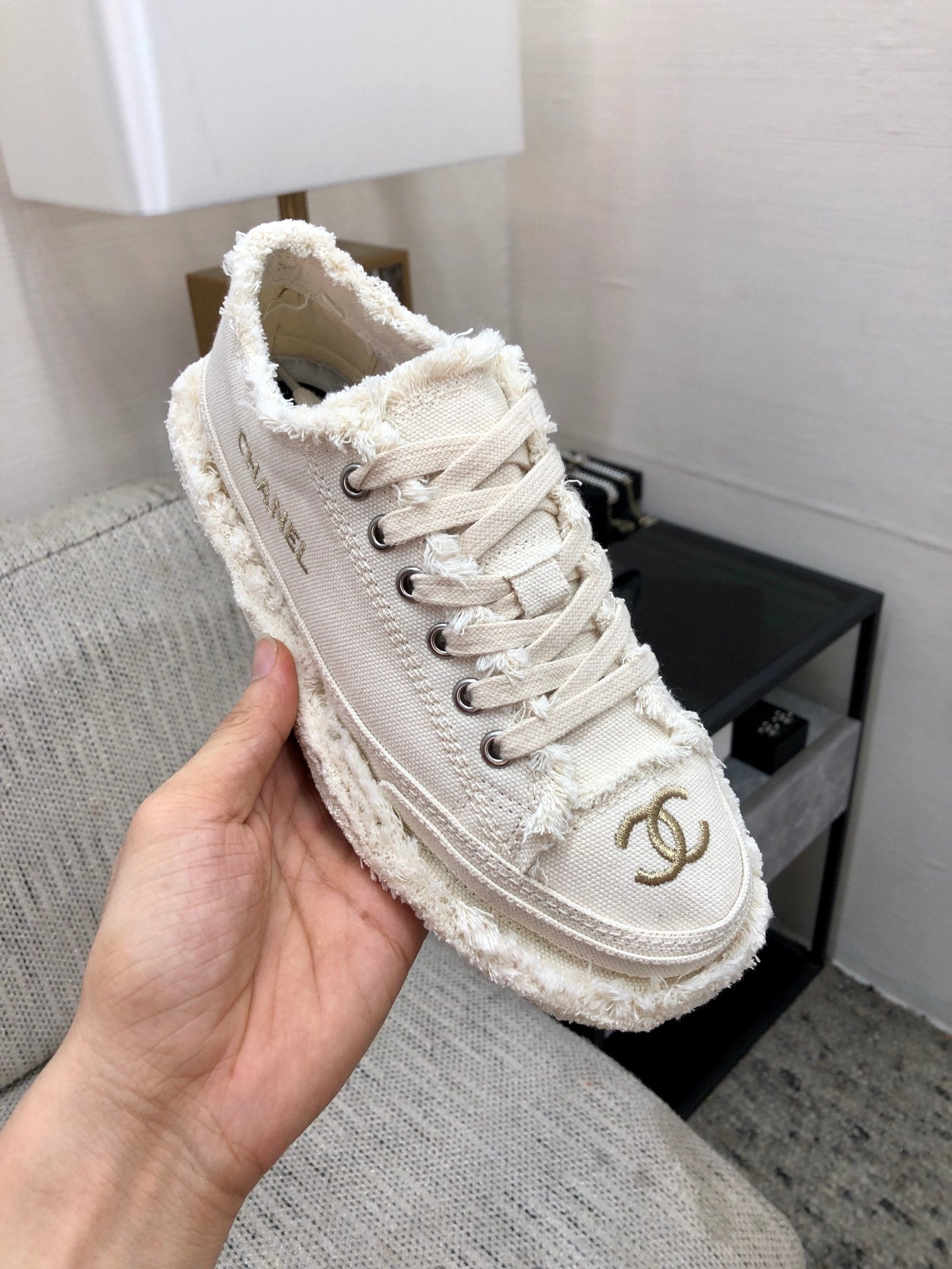 CC Sneaker White Fringe Denim Fabric