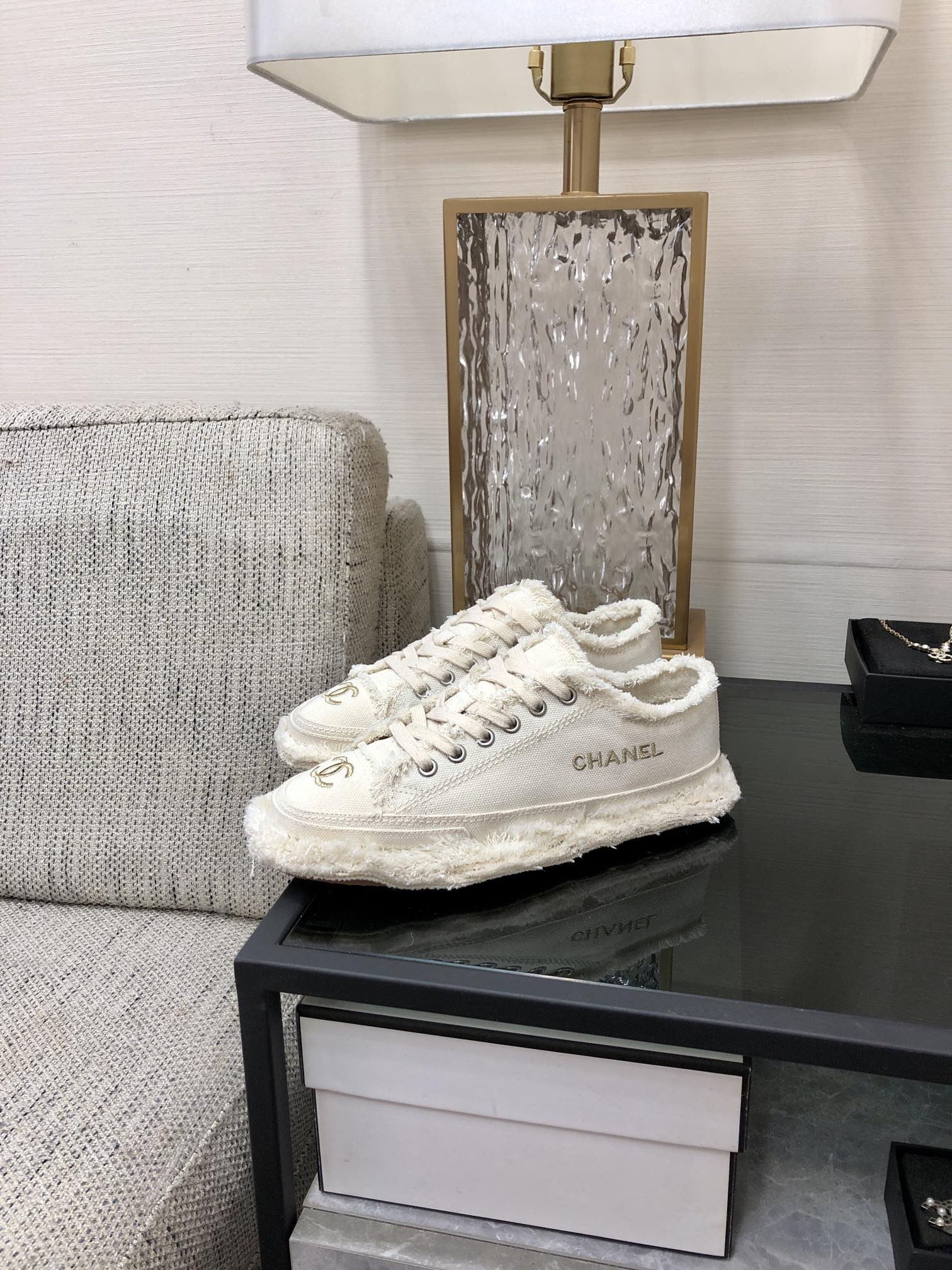 CC Sneaker White Fringe Denim Fabric