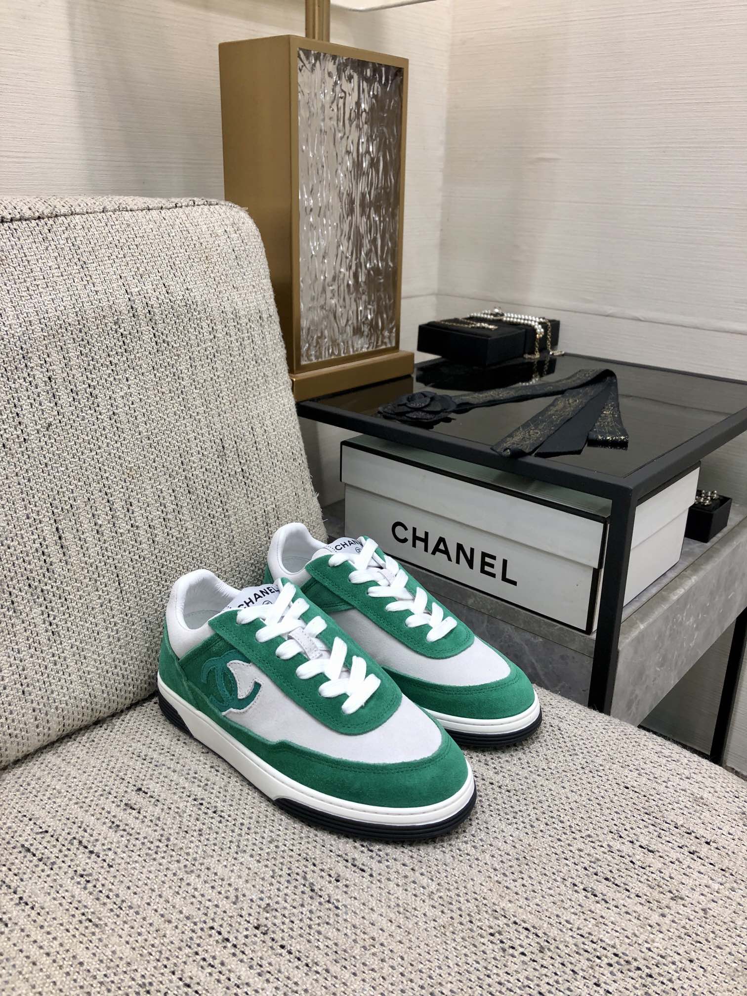 CC Sneaker In Green Mix White Suede