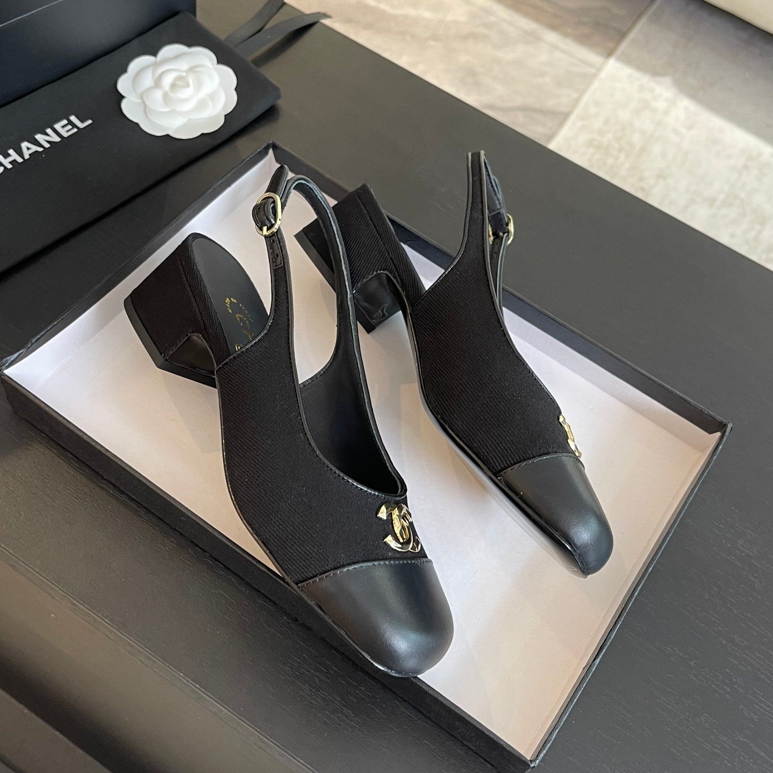 cc slingback 50 black grosgrain calfskin