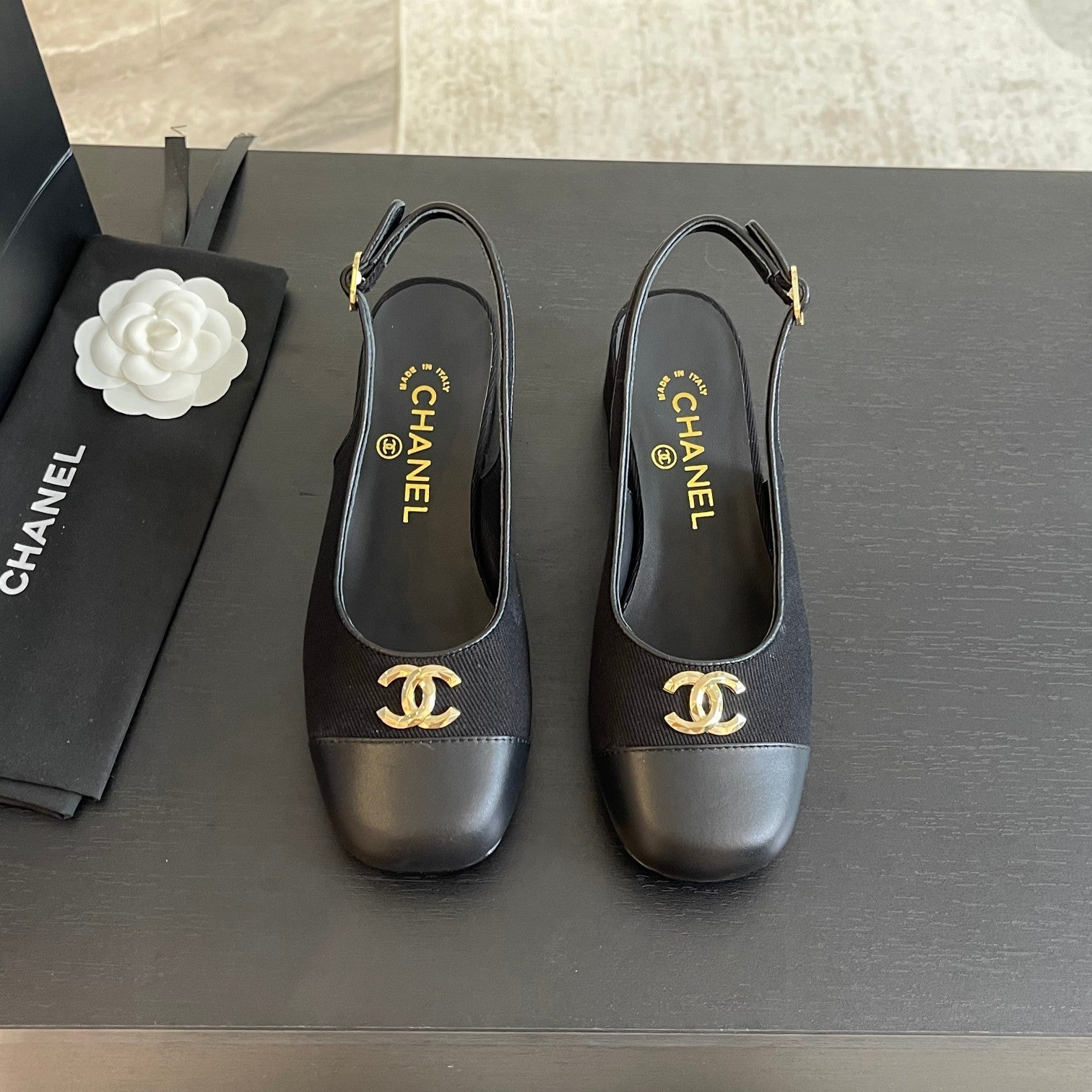 cc slingback 50 black grosgrain calfskin