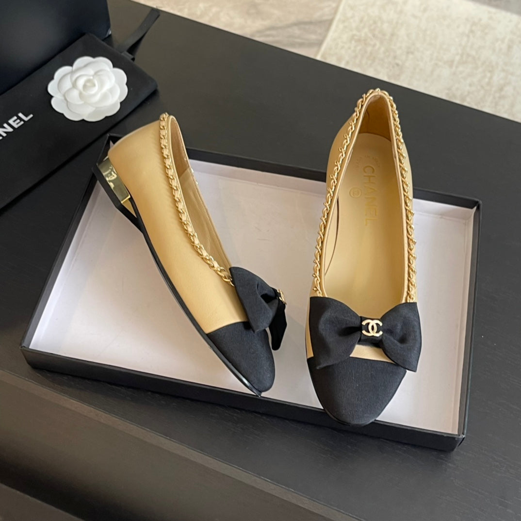 BALLET FLAT BEIGE CREAM CALFSKIN AND FABRIC