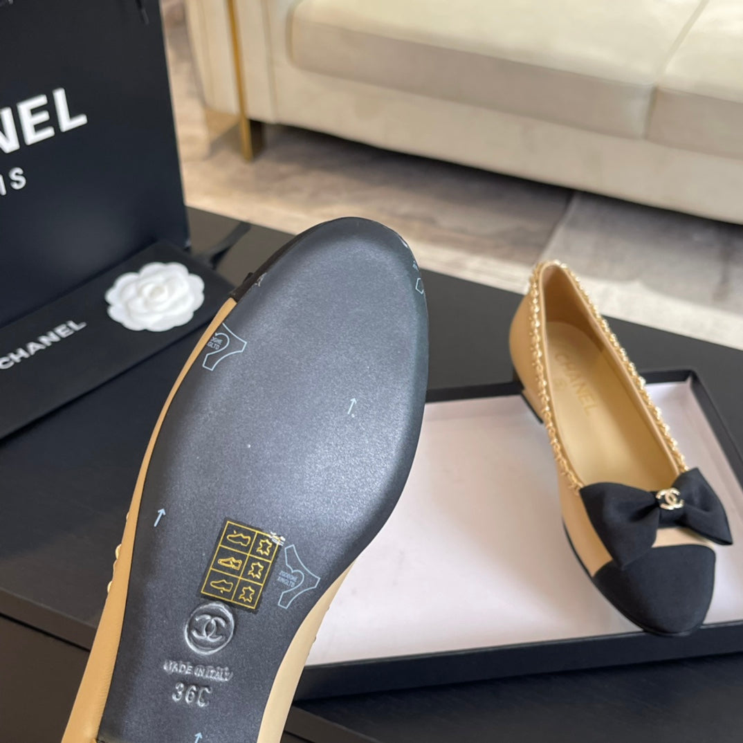 BALLET FLAT BEIGE CREAM CALFSKIN AND FABRIC