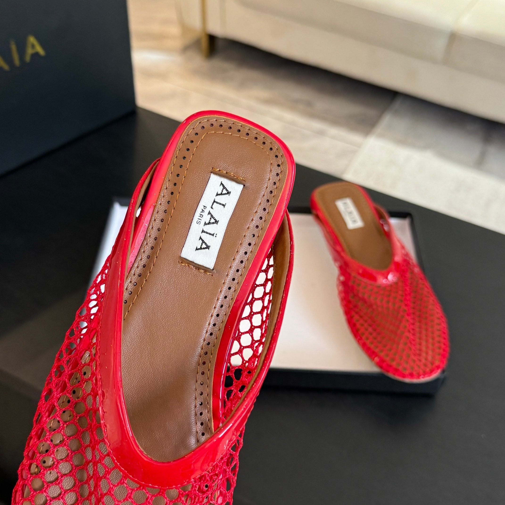 flat mule fishnet red lambskin