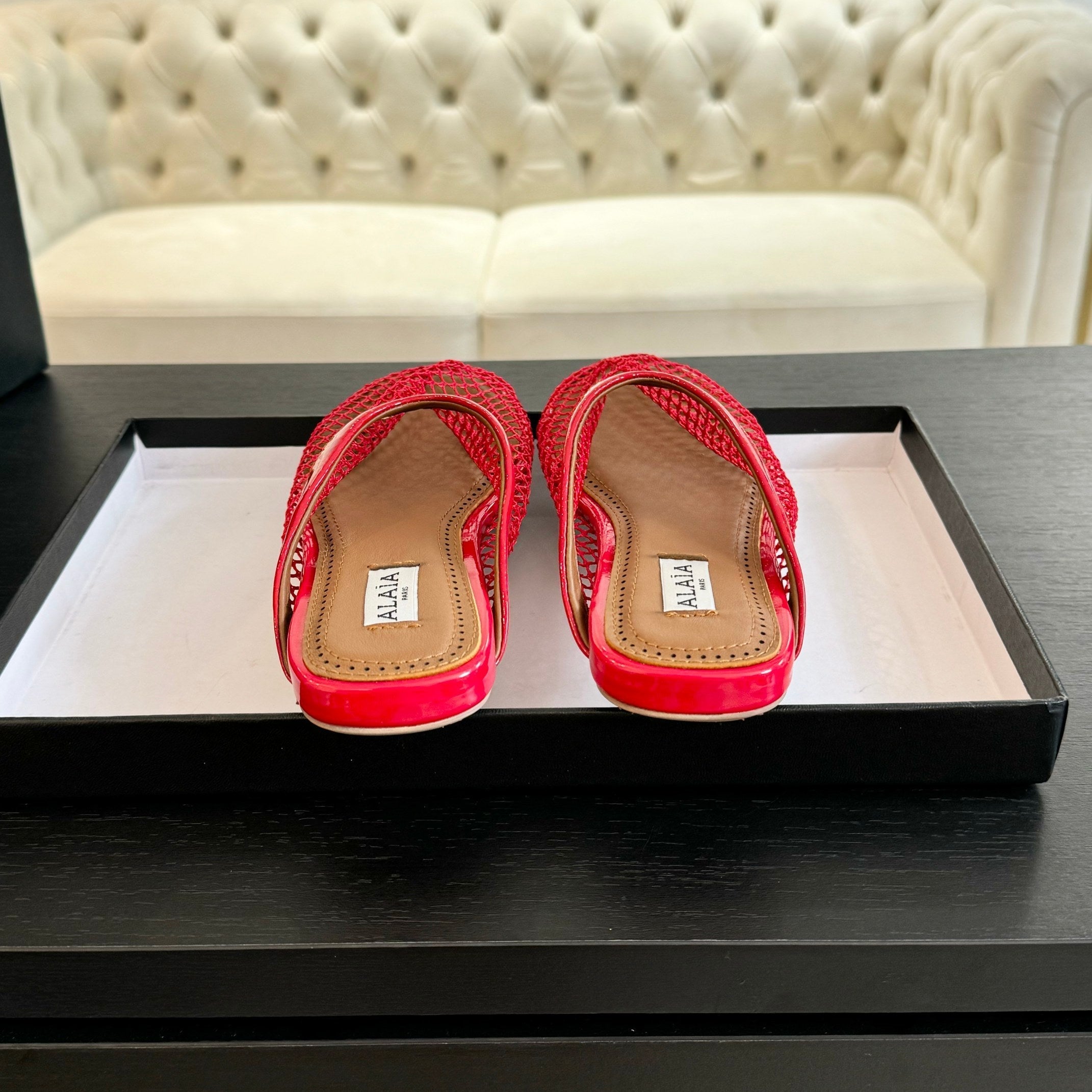 flat mule fishnet red lambskin