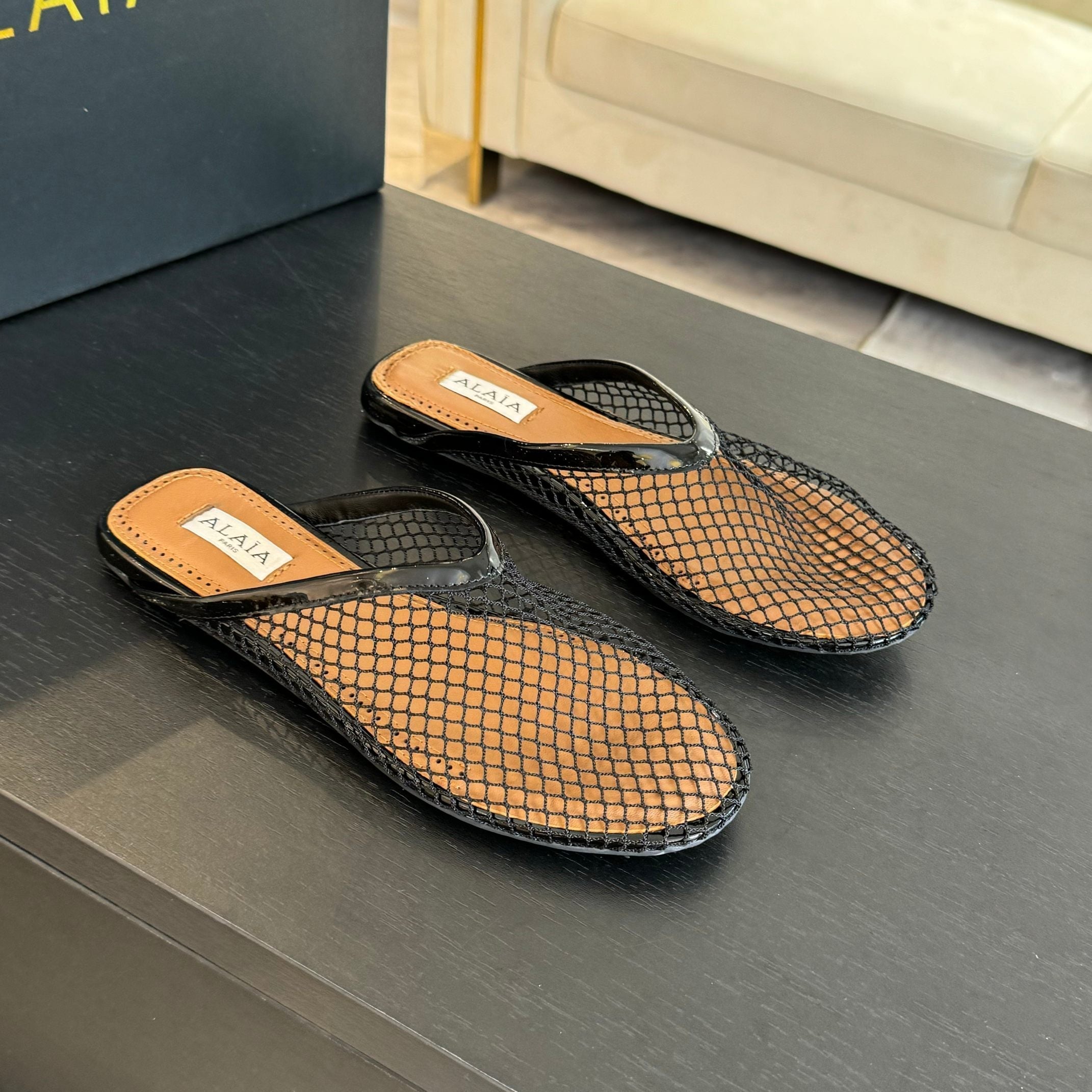 flat mule fishnet black lambskin