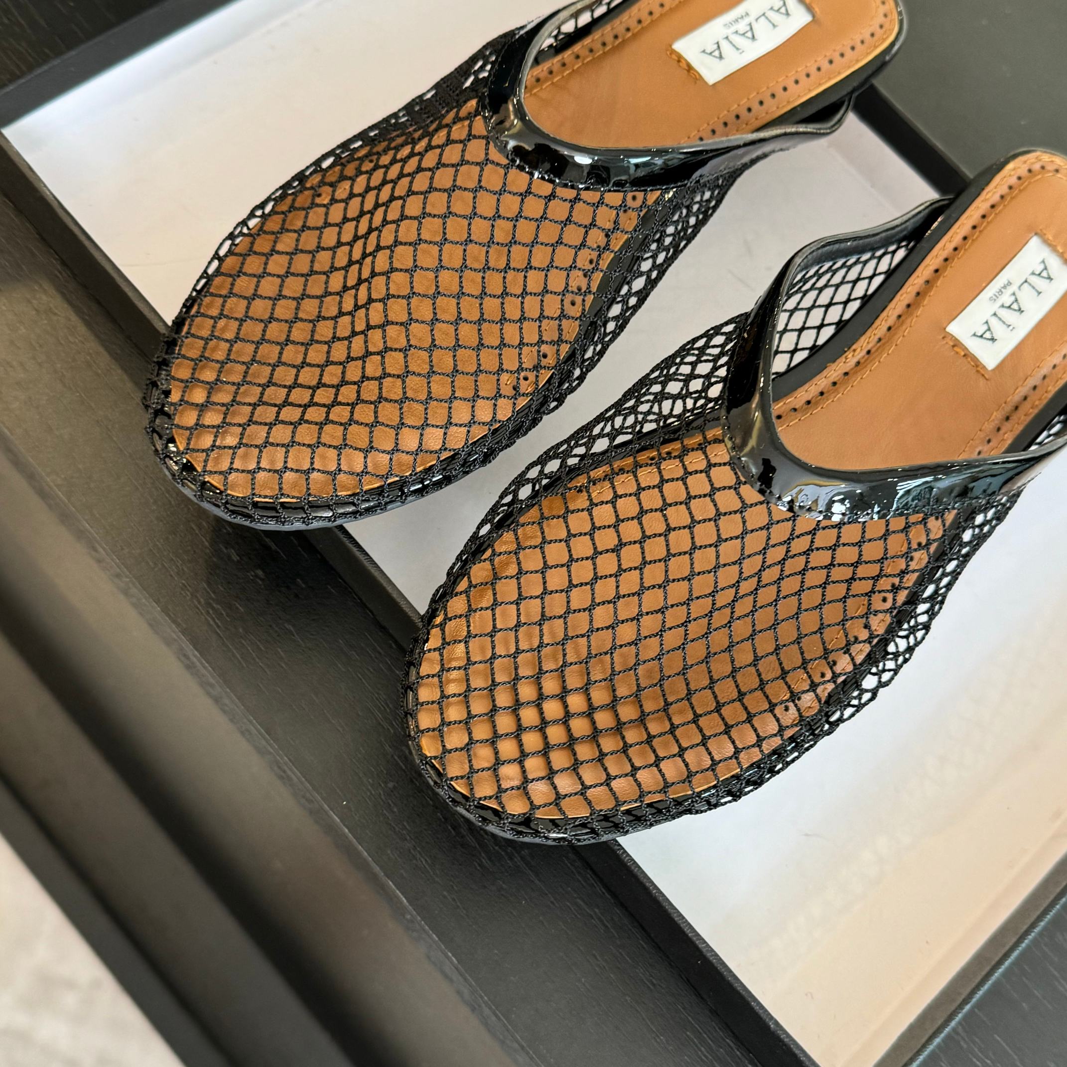 flat mule fishnet black lambskin