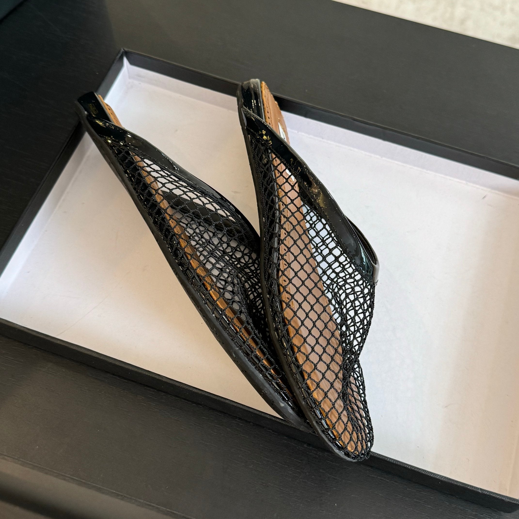 flat mule fishnet black lambskin