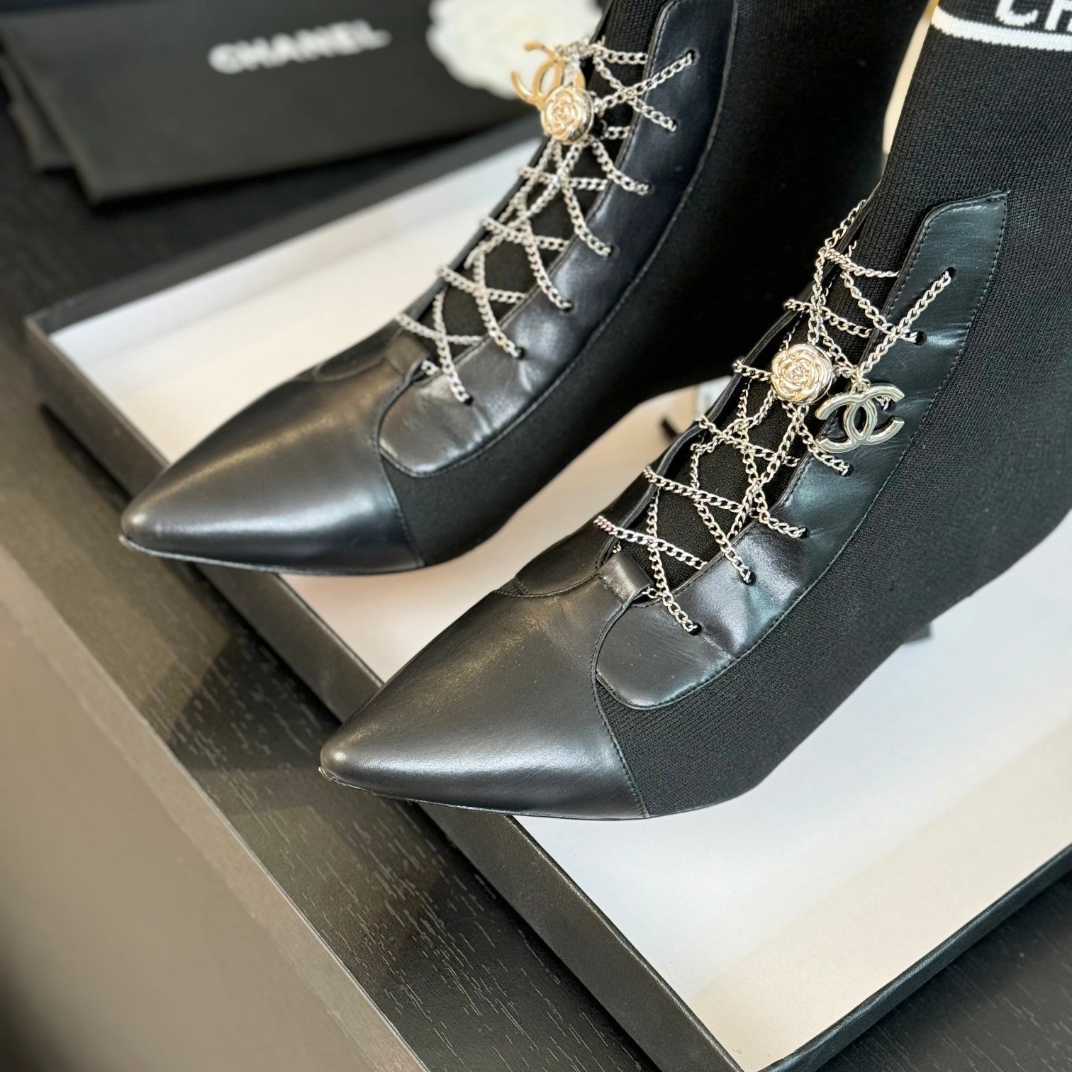 CC Ankle Boots Black Chain Wool And Lambskin