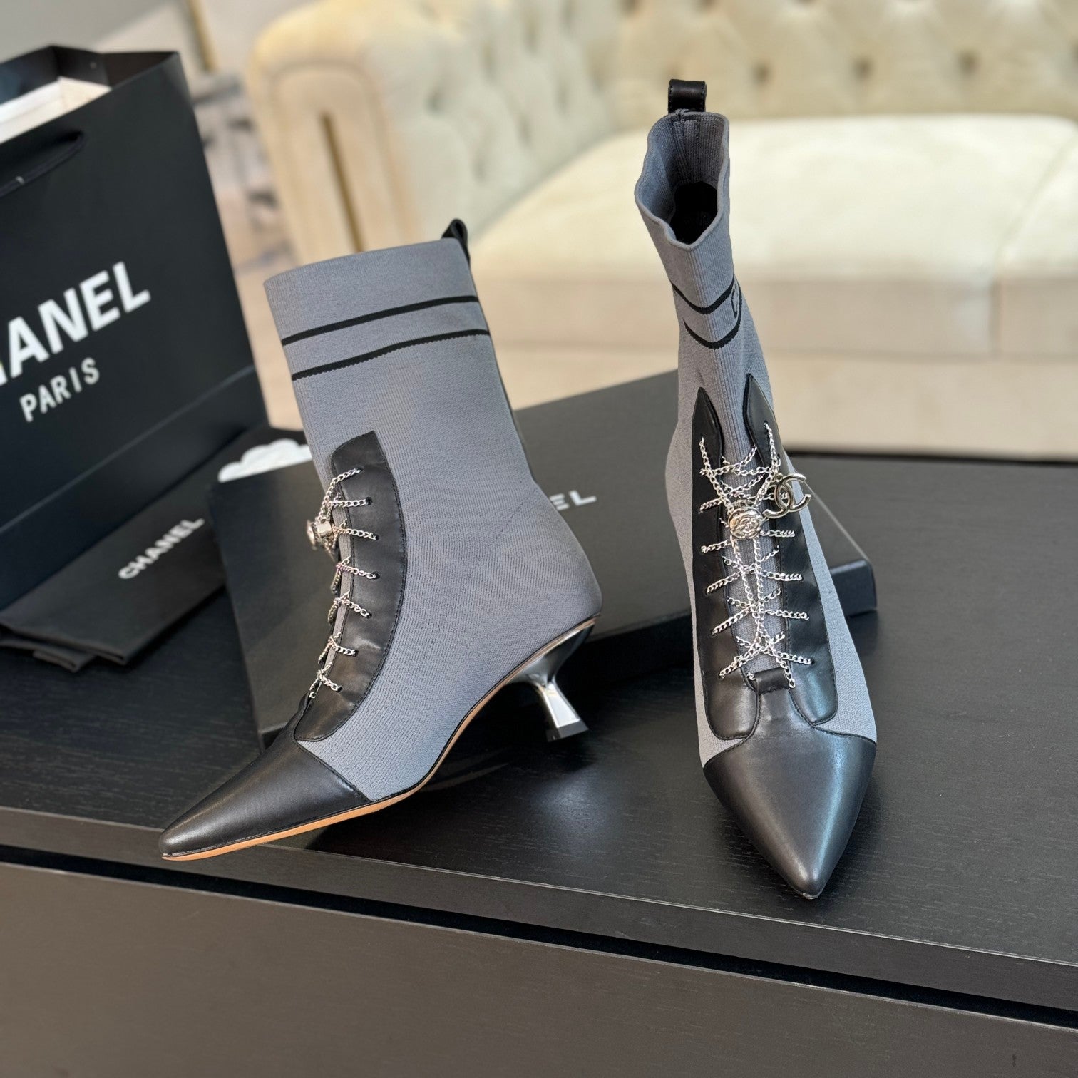 CC Ankle Boots Grey Black Chain Wool And Lambskin