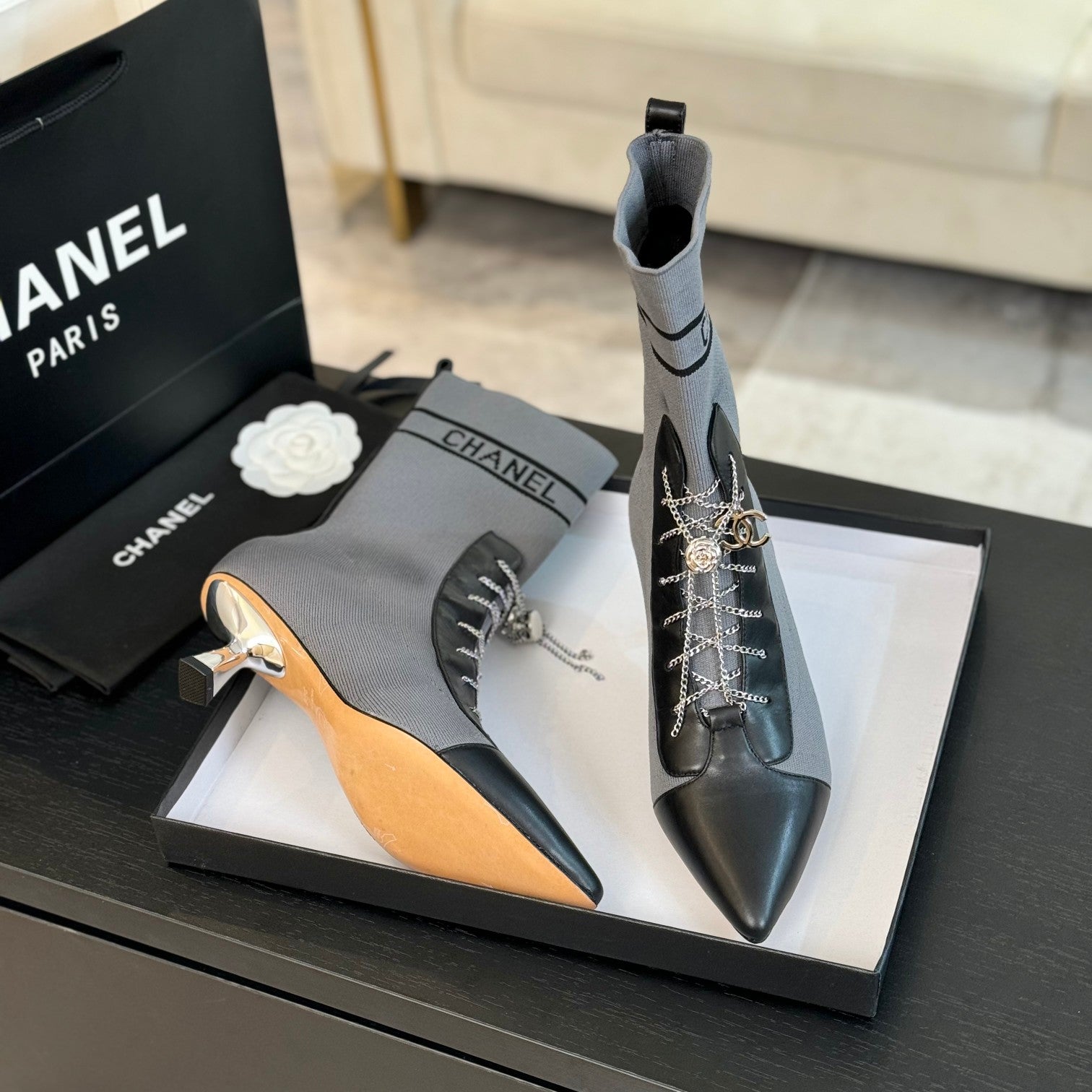 CC Ankle Boots Grey Black Chain Wool And Lambskin