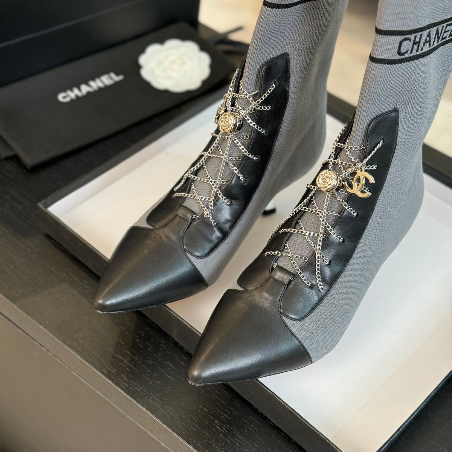 CC Ankle Boots Grey Black Chain Wool And Lambskin