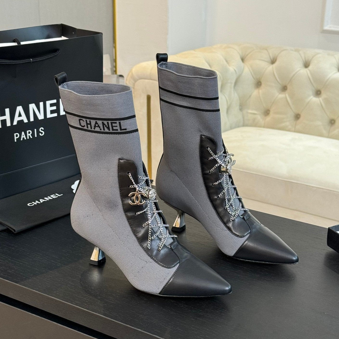 CC Ankle Boots Grey Black Chain Wool And Lambskin