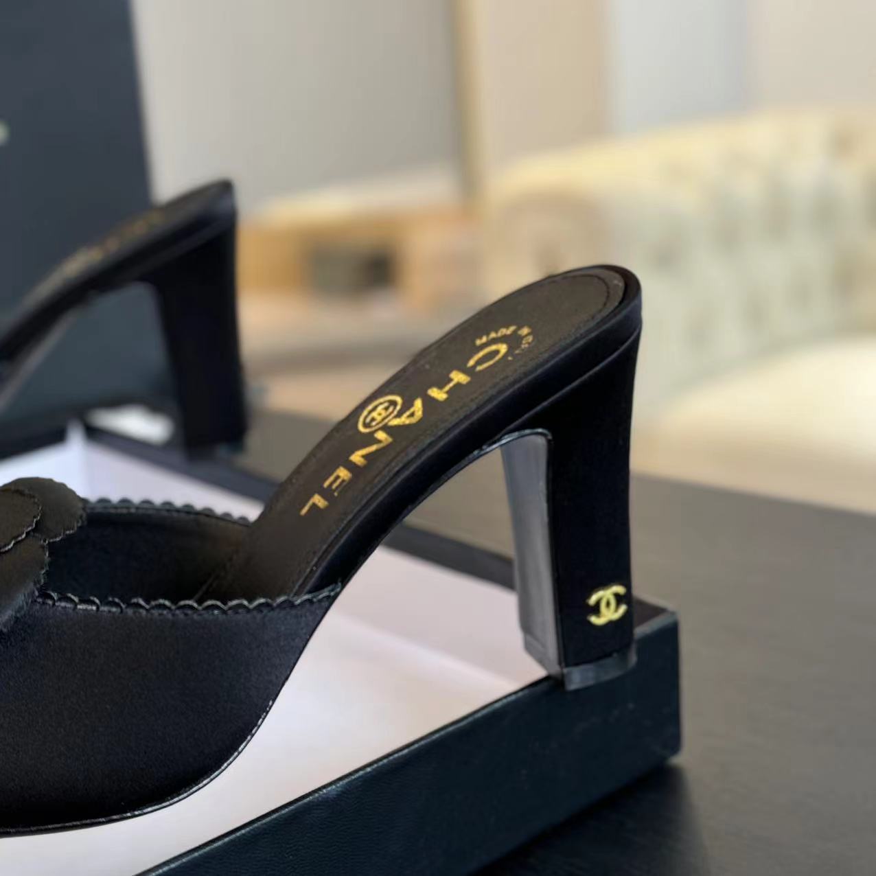 mule sandal flower high heel 80 black satin