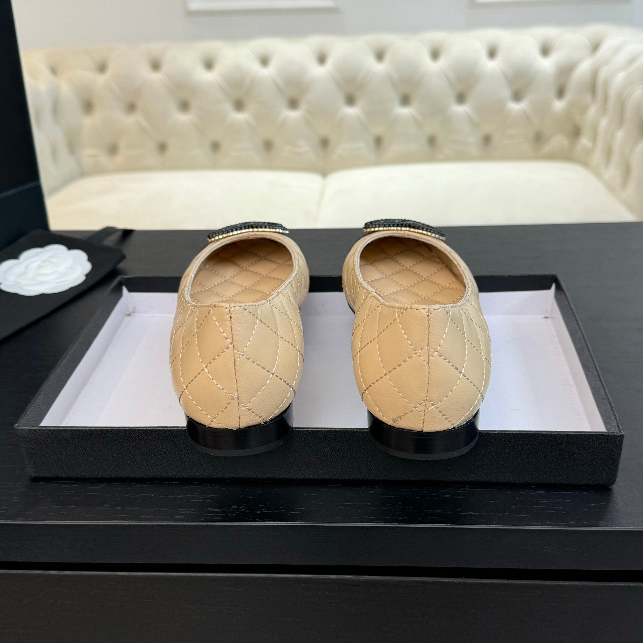 ballet flat beige quilted lambskin large black cc logo