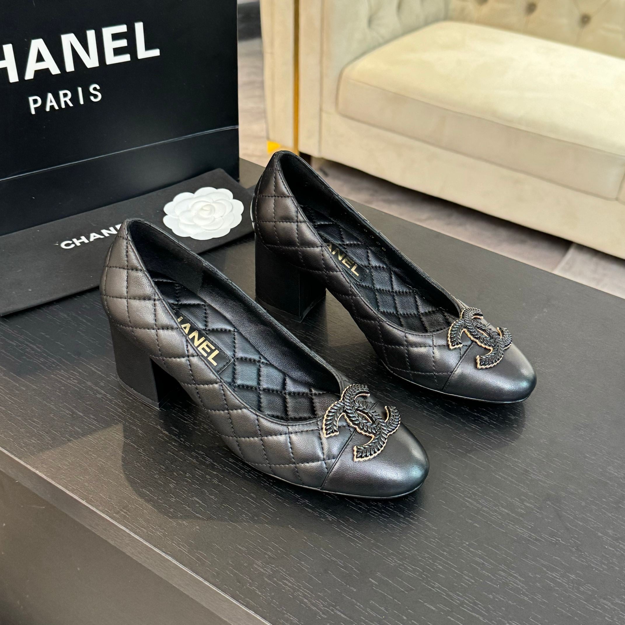 ballet flat with high heel 7cm black quilted lambskin