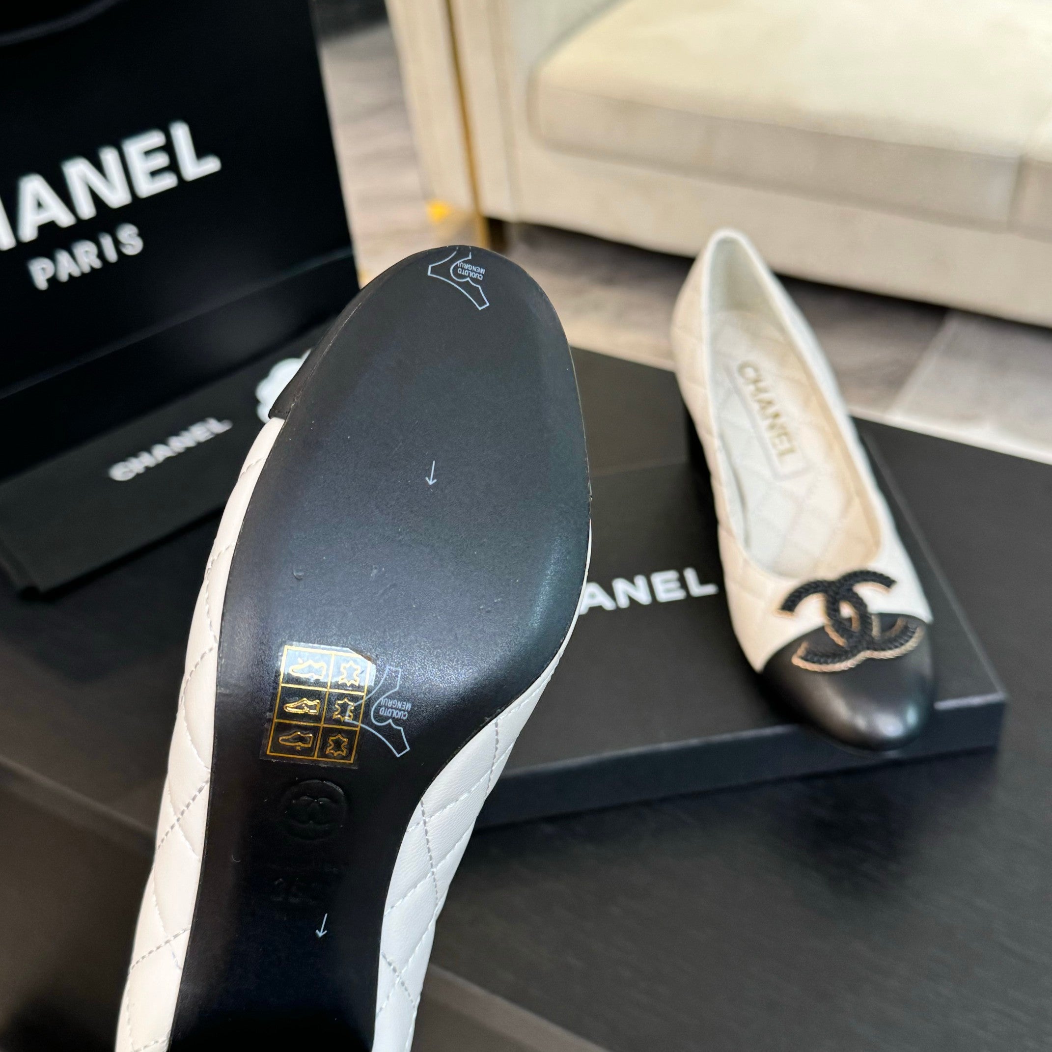 ballet flat with high heel 7cm white black quilted lambskin