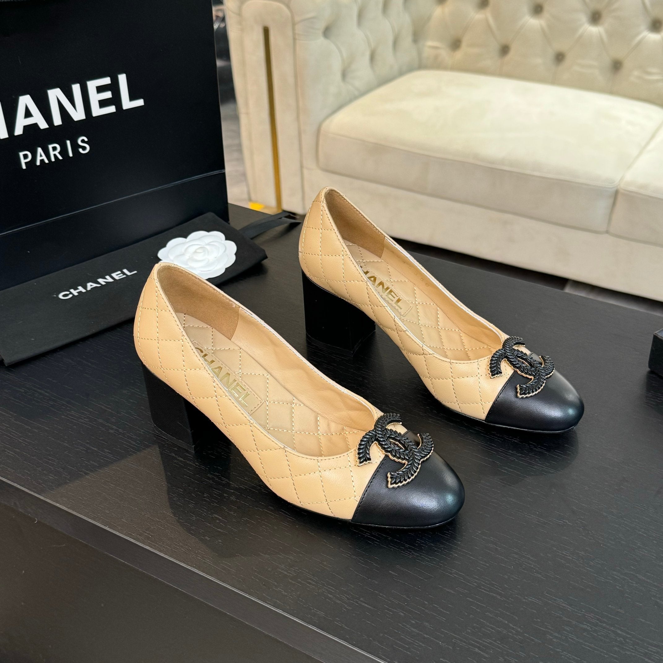 ballet flat with high heel 7cm beige black quilted lambskin