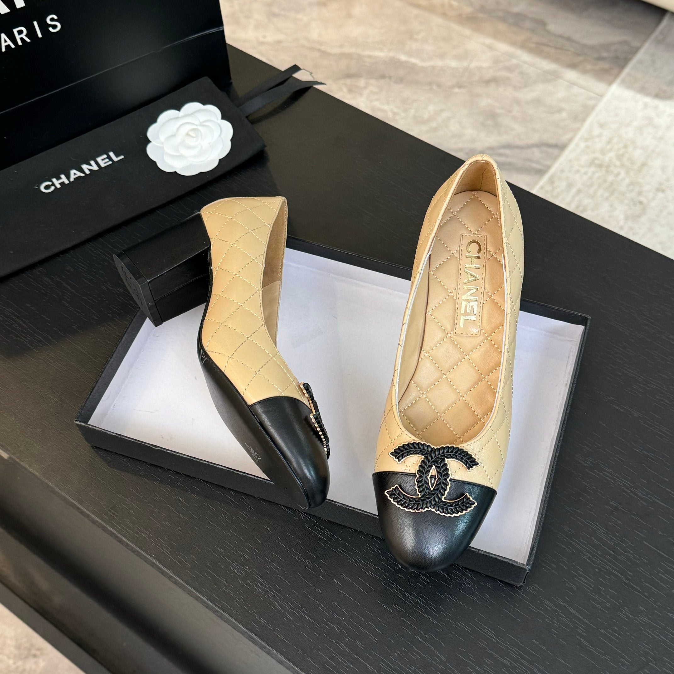 ballet flat with high heel 7cm beige black quilted lambskin