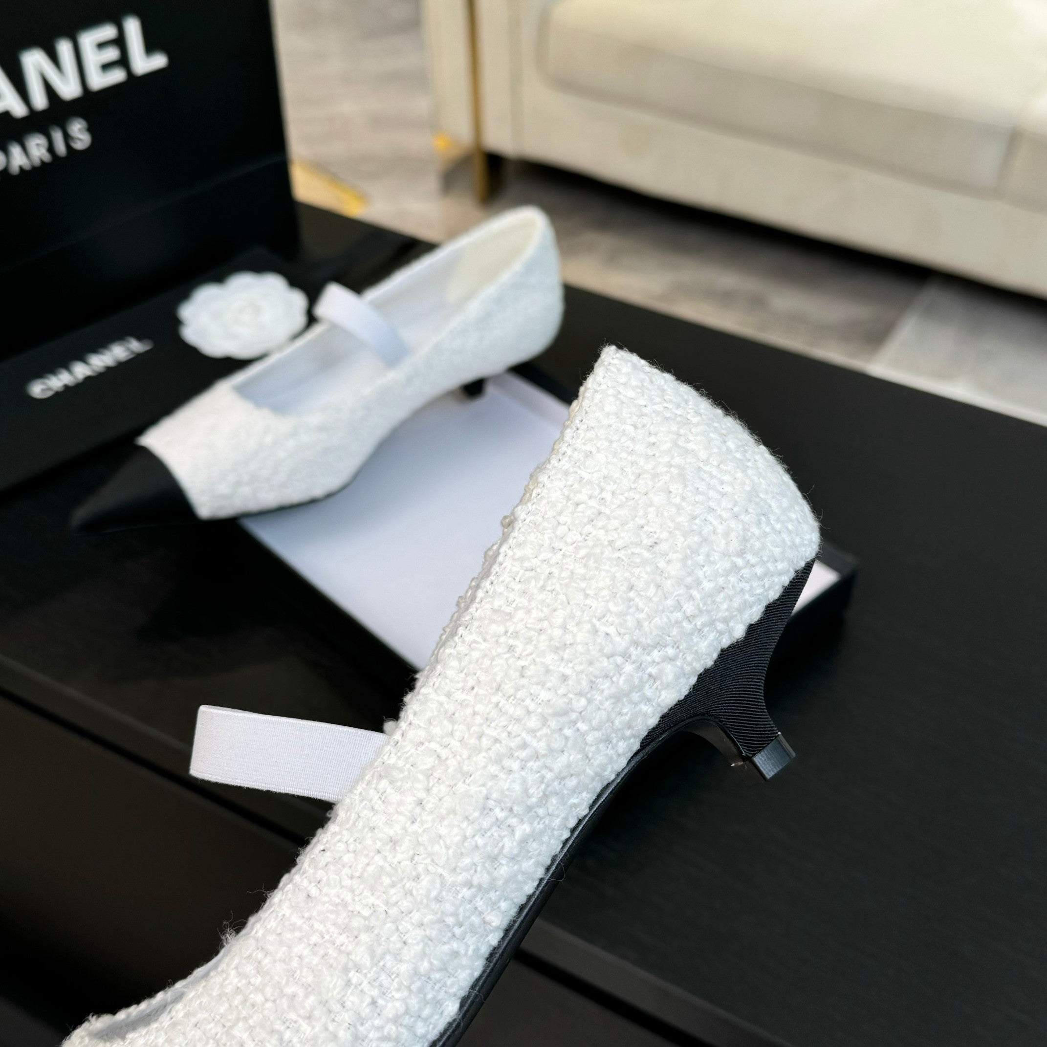 mary jane 35 pointed toe white tweed black grosgrain