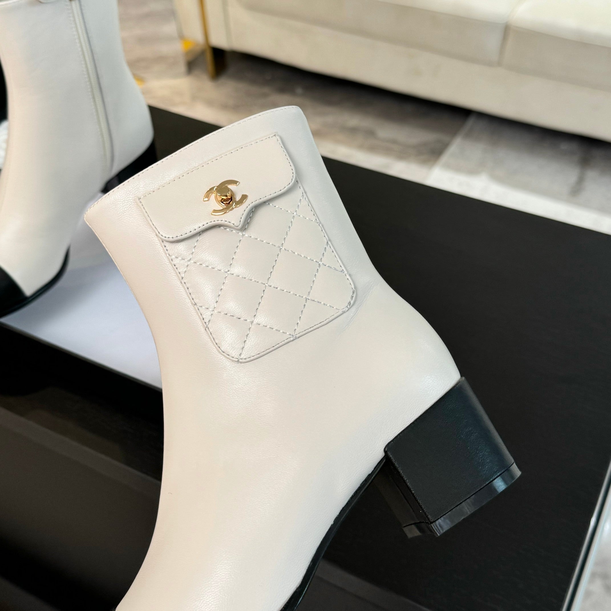 CC Ankle Boots 50mm White Black Lambskin