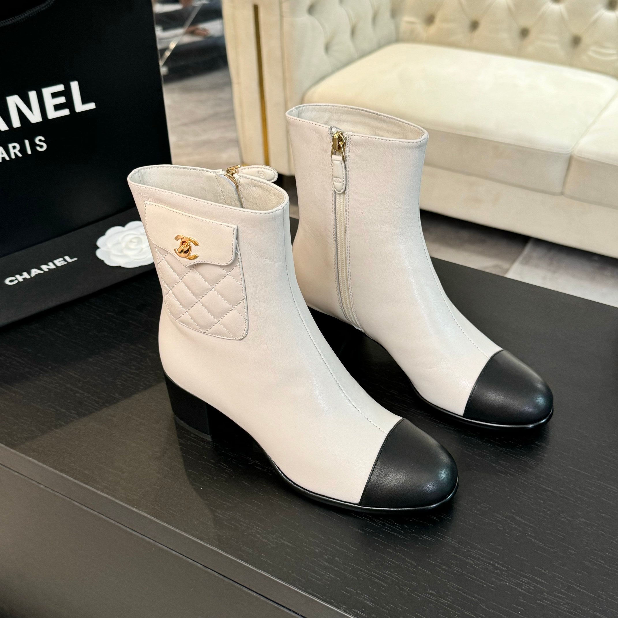 CC Ankle Boots 50mm White Black Lambskin
