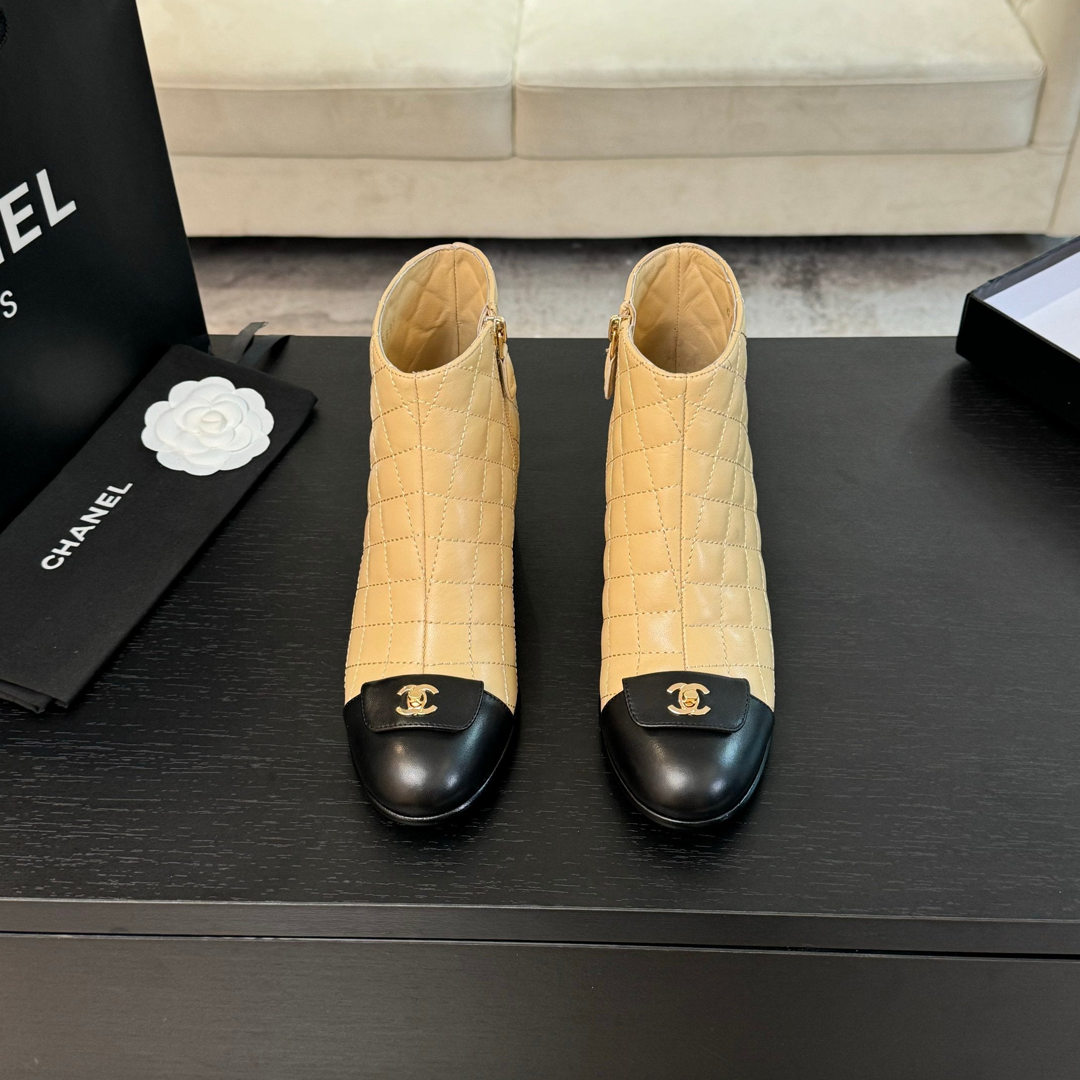 CC Ankle Boots 50mm Beige Black Quilted Lambskin