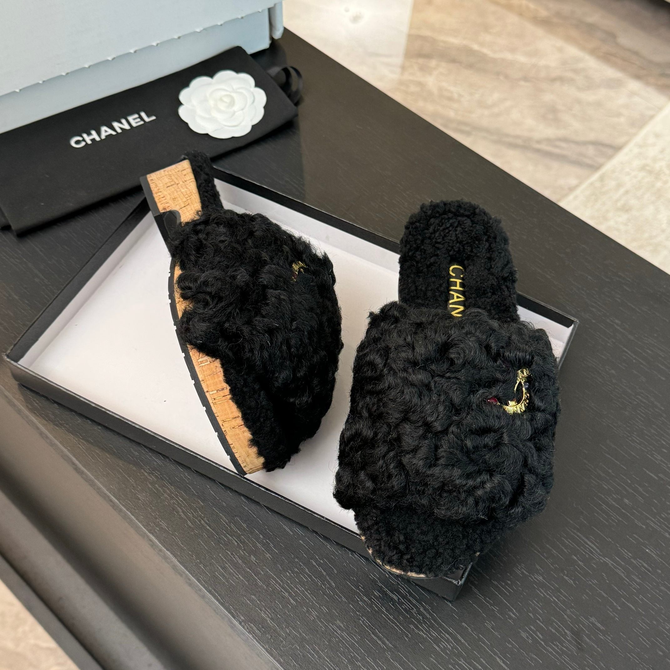 CC Slippers Black Fleece Wool