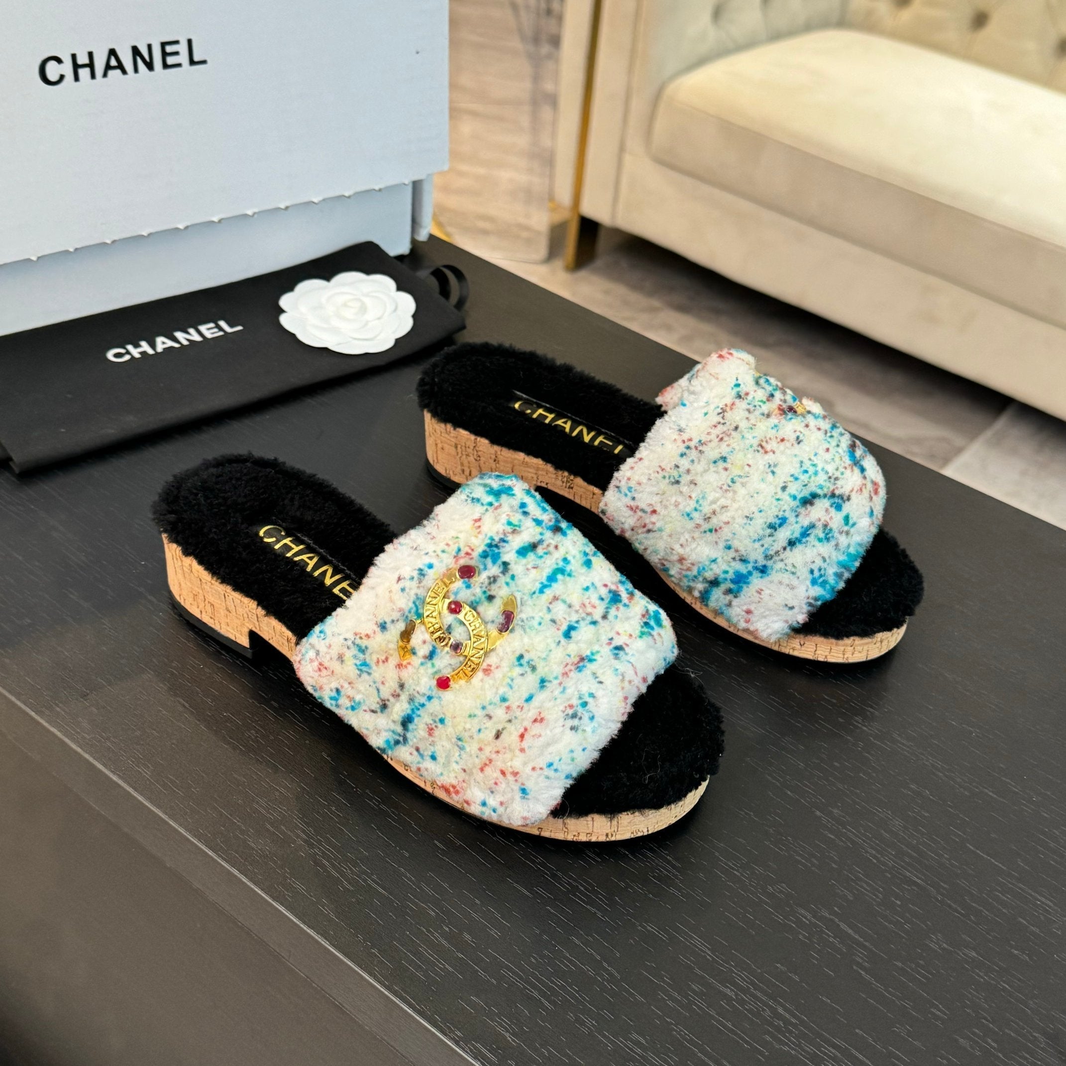 CC Slippers White Black Mix Blue Red Fleece Wool