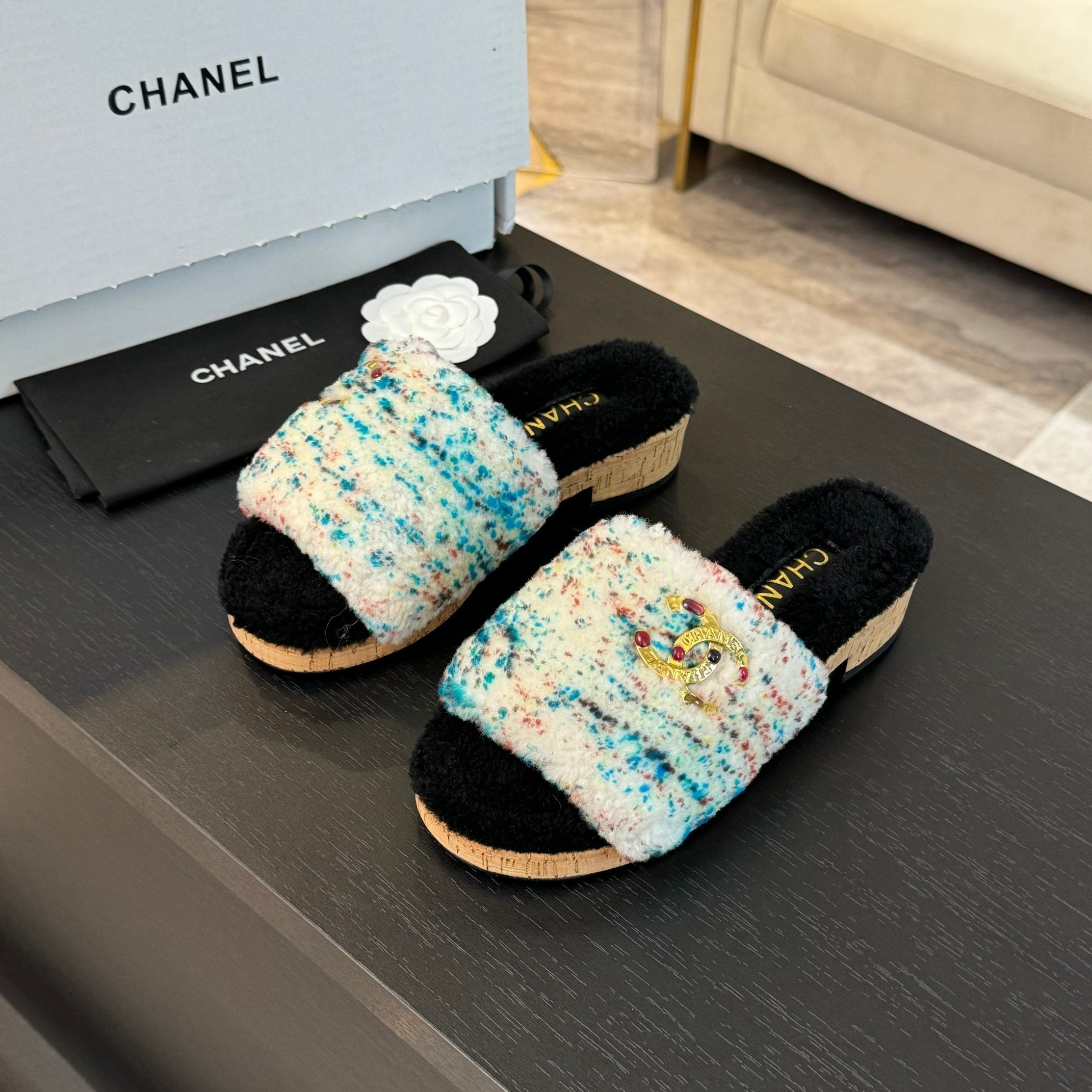 CC Slippers White Black Mix Blue Red Fleece Wool