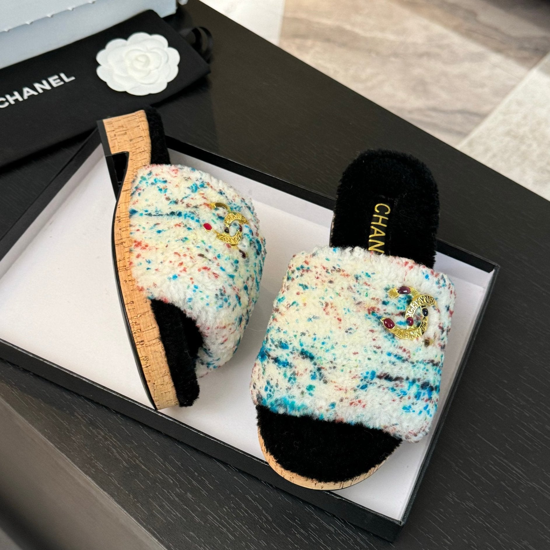 CC Slippers White Black Mix Blue Red Fleece Wool
