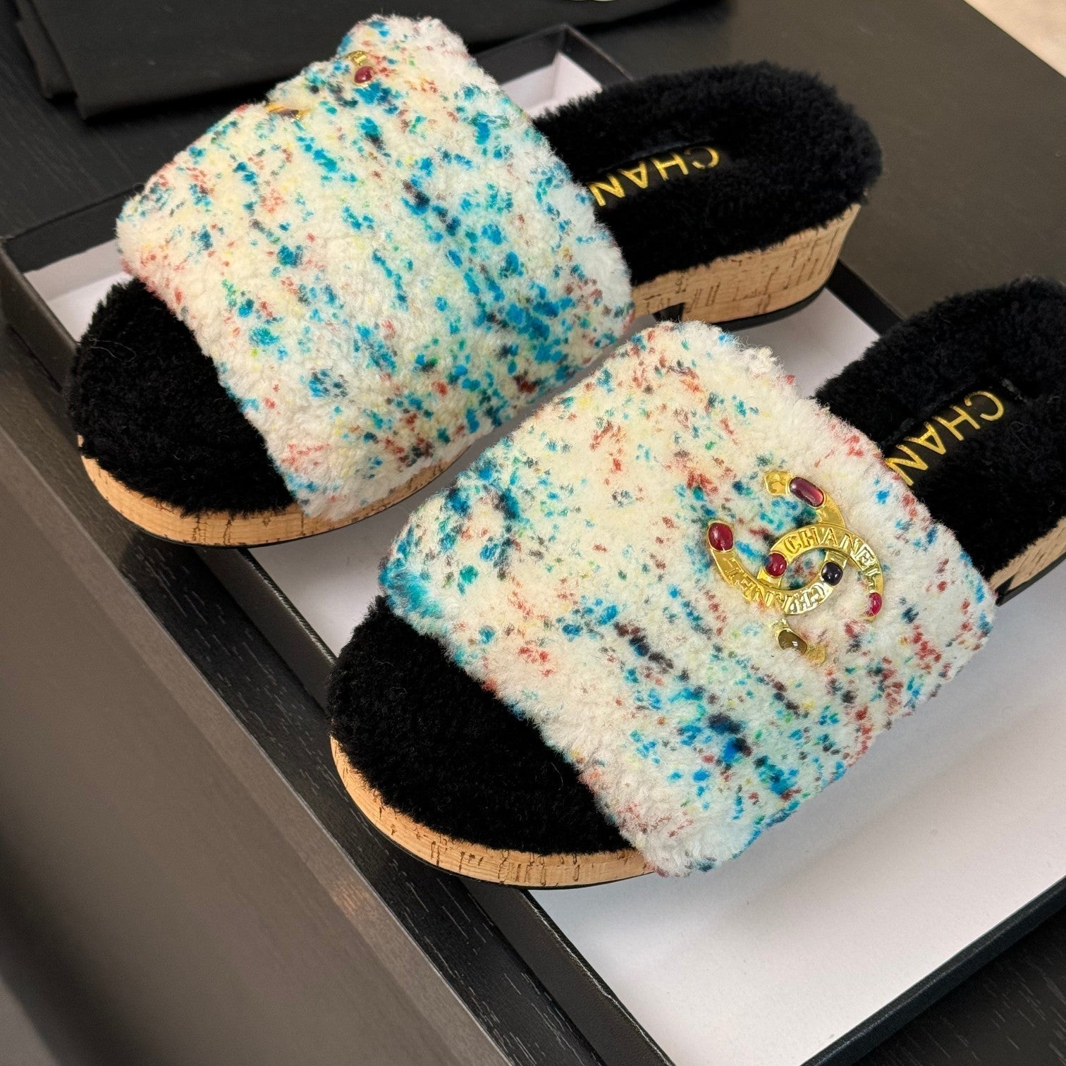 CC Slippers White Black Mix Blue Red Fleece Wool