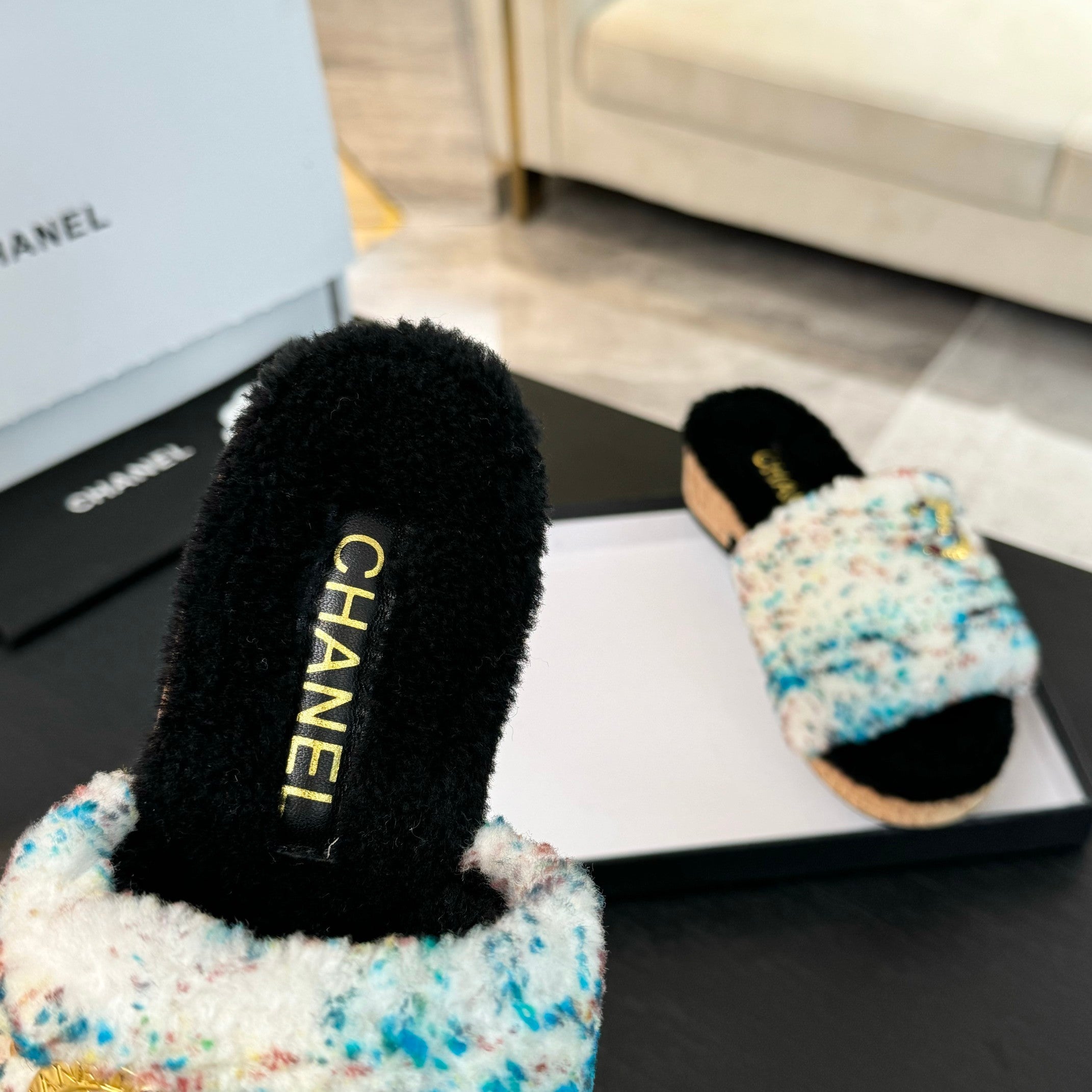 CC Slippers White Black Mix Blue Red Fleece Wool