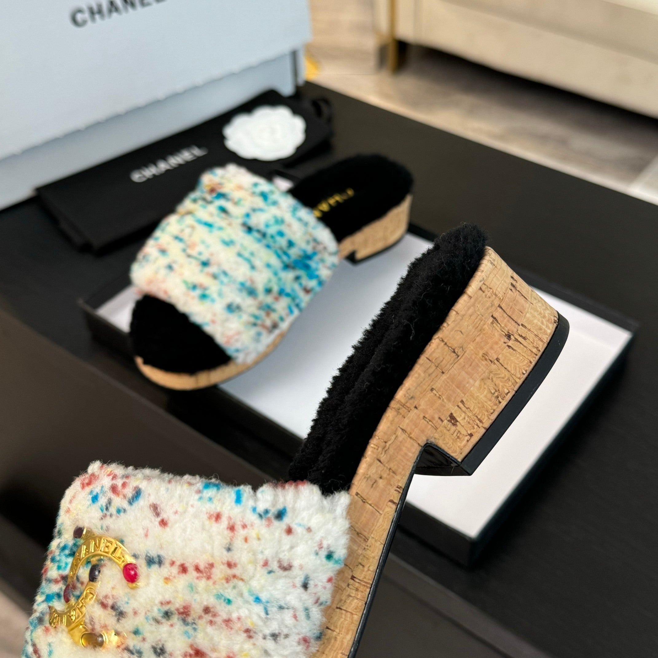 CC Slippers White Black Mix Blue Red Fleece Wool