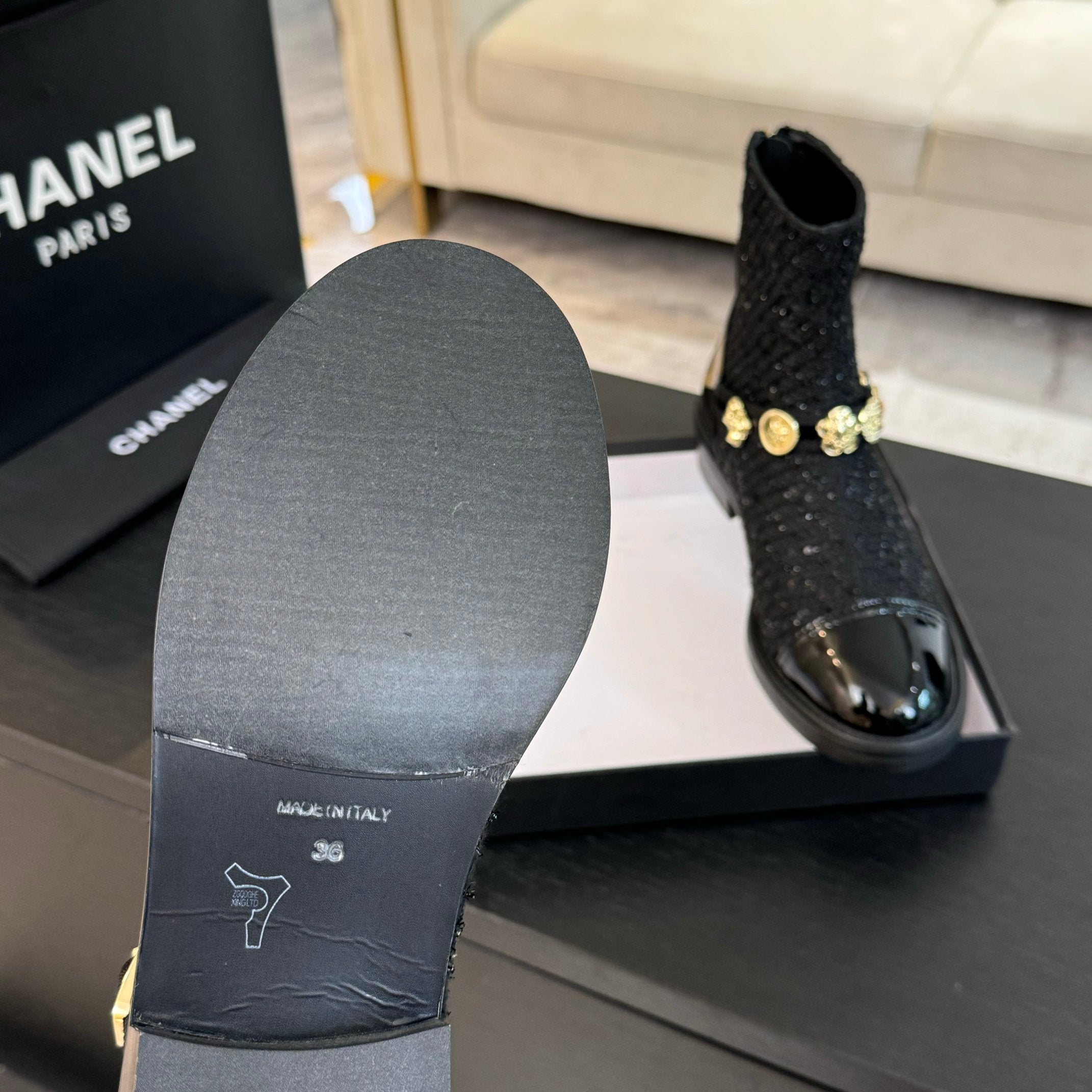 CC Short boots Black Cowhide Mix Tweed Fabric