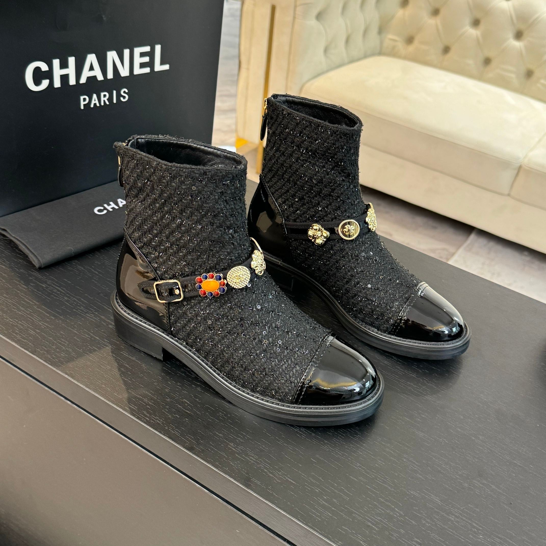 CC Short boots Black Cowhide Mix Tweed Fabric