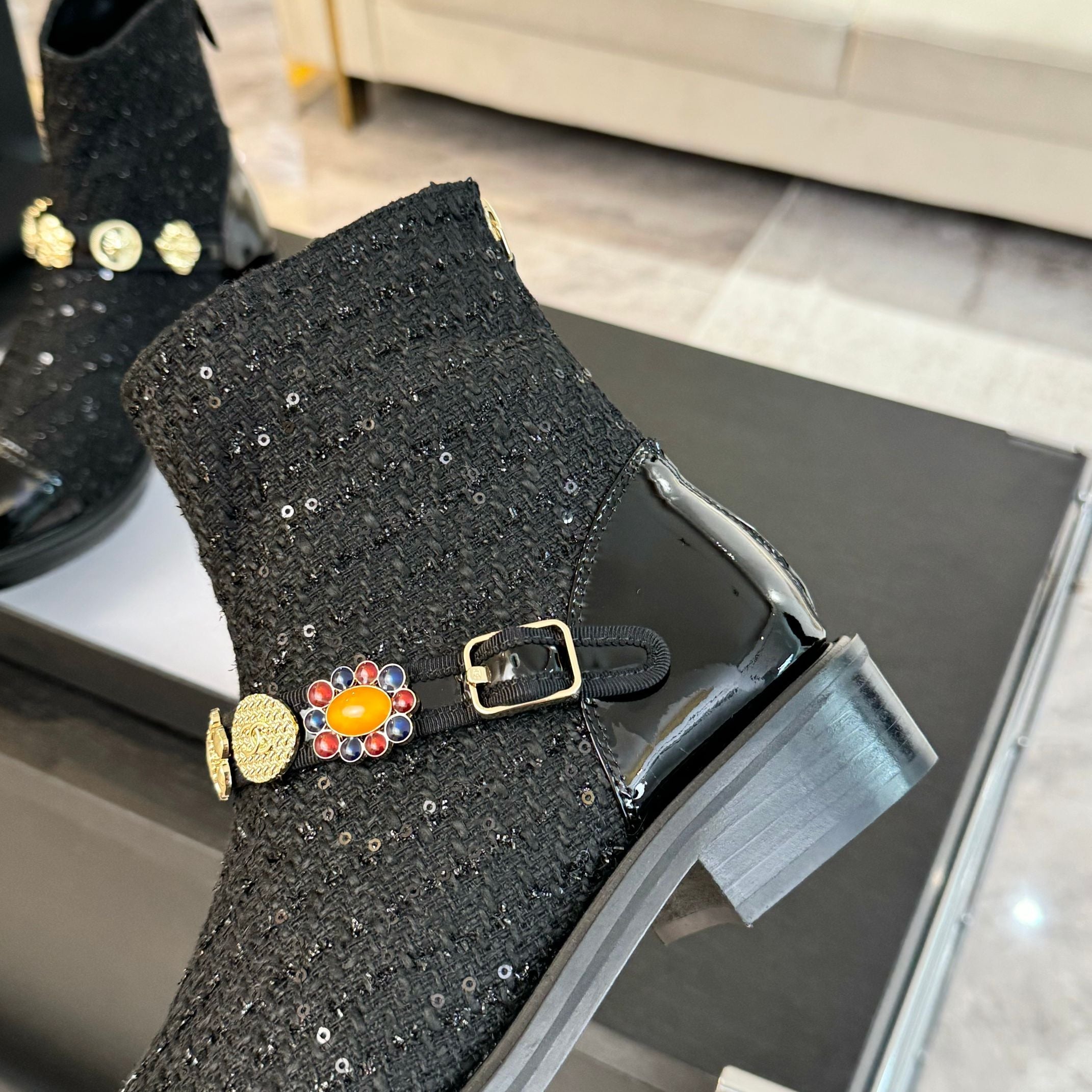 CC Short boots Black Cowhide Mix Tweed Fabric