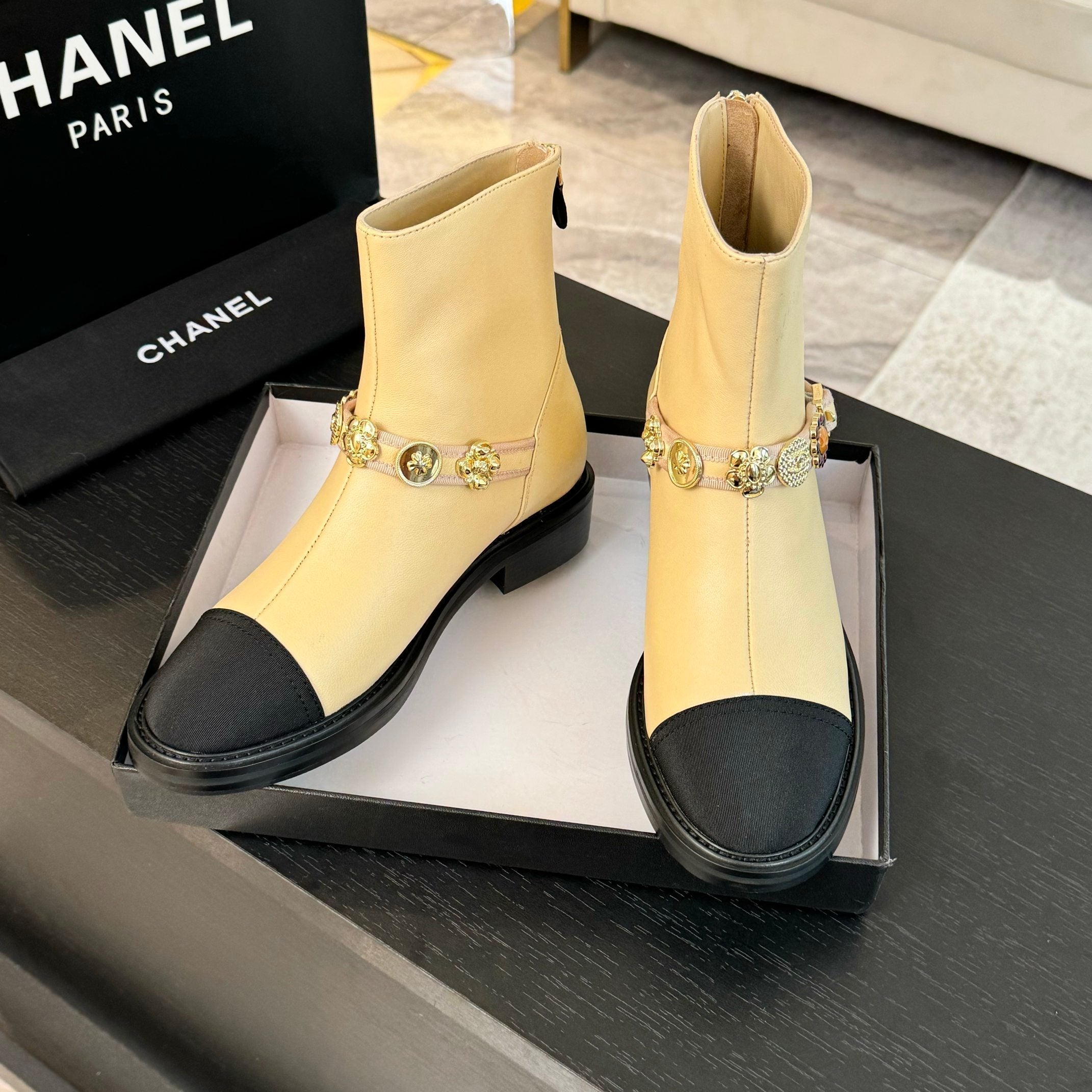 CC Short boots Beige Cowhide Mix Fabric Denim