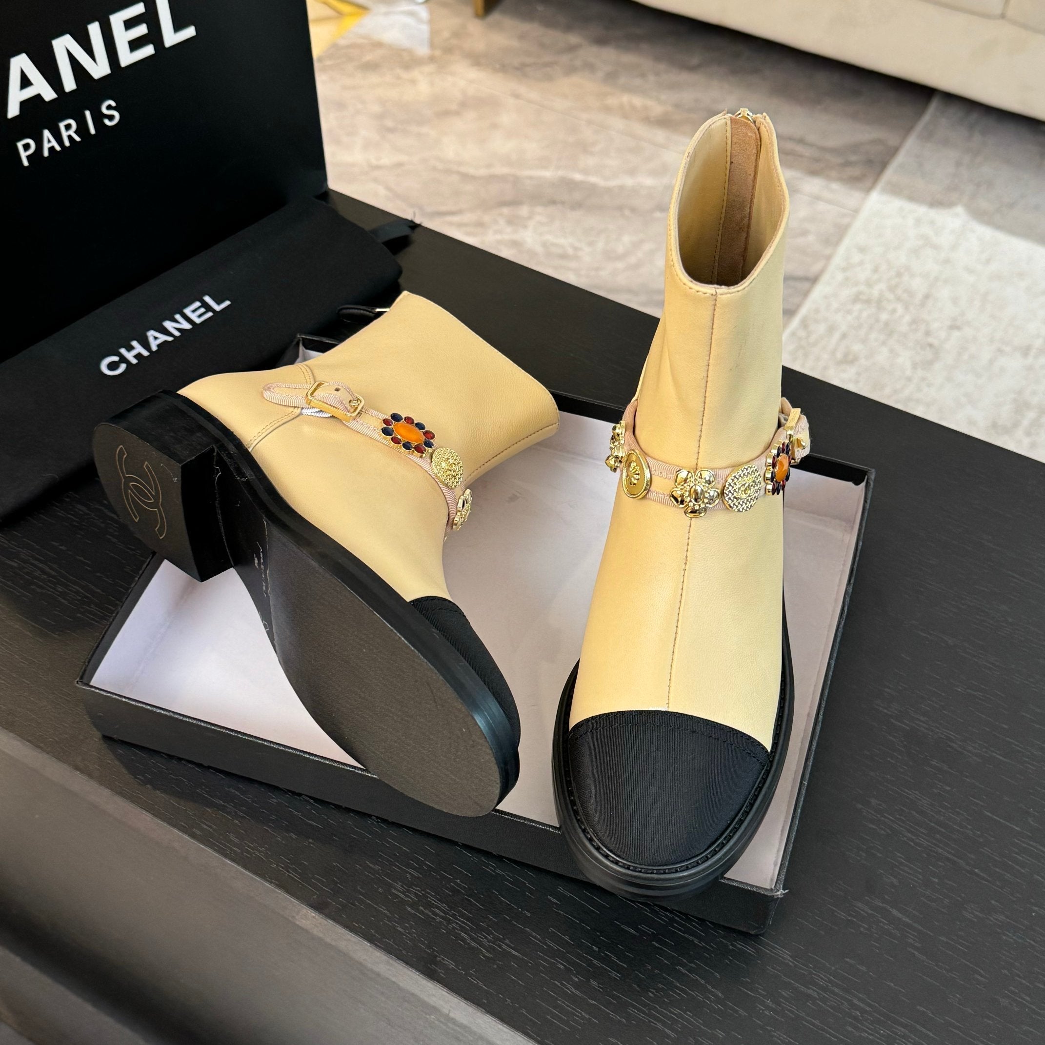 CC Short boots Beige Cowhide Mix Fabric Denim